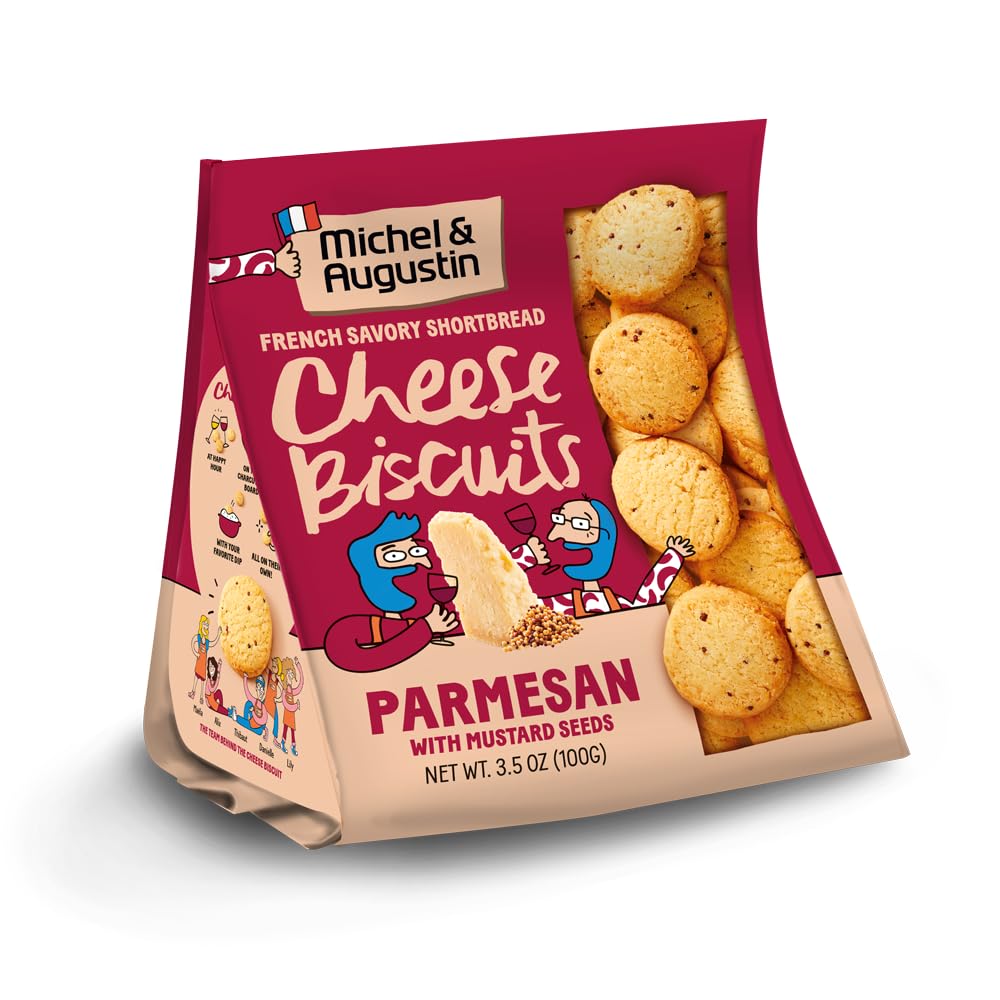 Michel et Augustin Gourmet Crackers - Parmesan Cheese & Mustard Seed Savory Biscuits (3.5 oz) | French Artisan Snacks for Parties, Charcuterie Boards & Wine Pairings