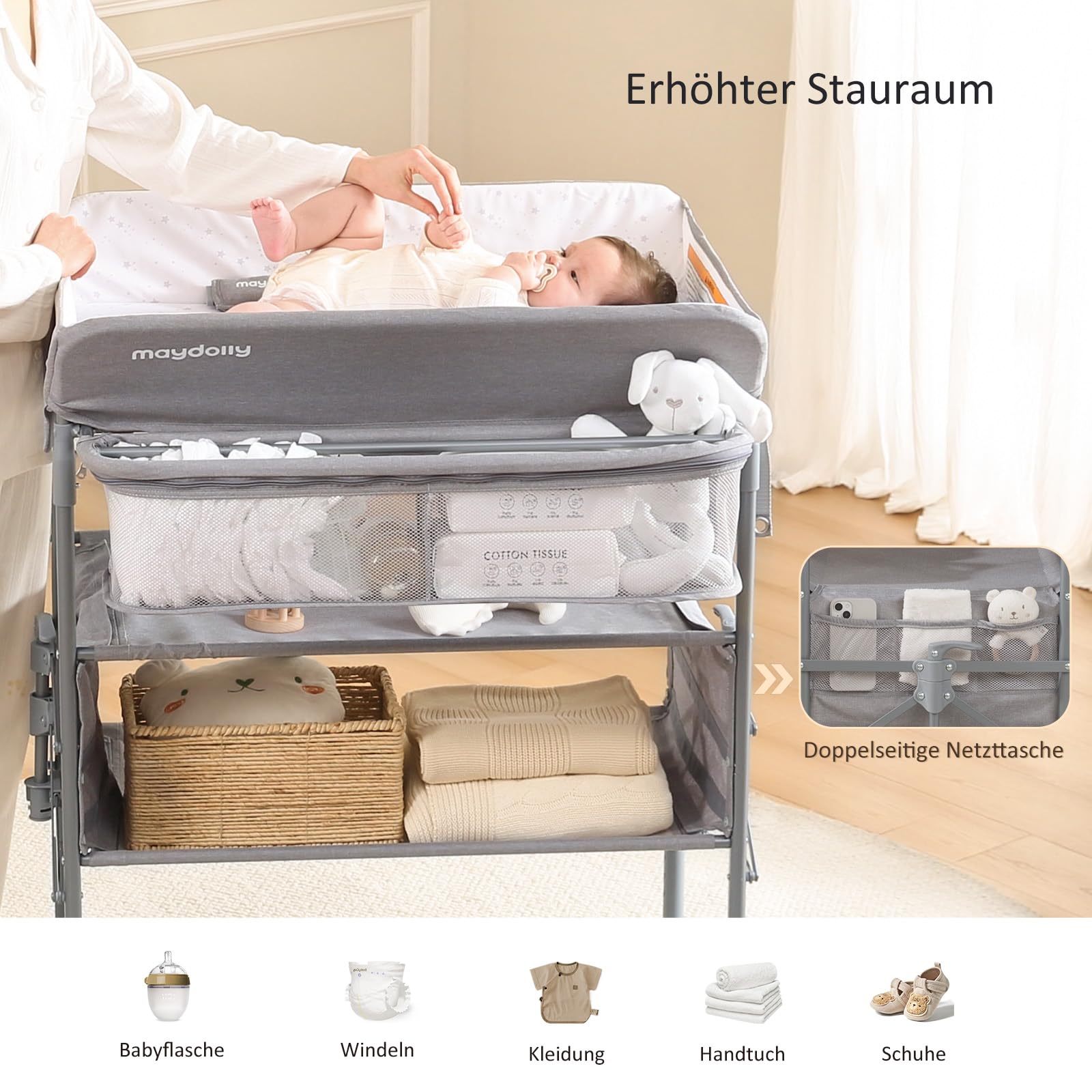 Maydolly Foldable Adjustable Height Baby Changing Table with Removable Waterproof Cover & Storage Organizer - Perfect for Nursery, Daycare & Travel (Grey)