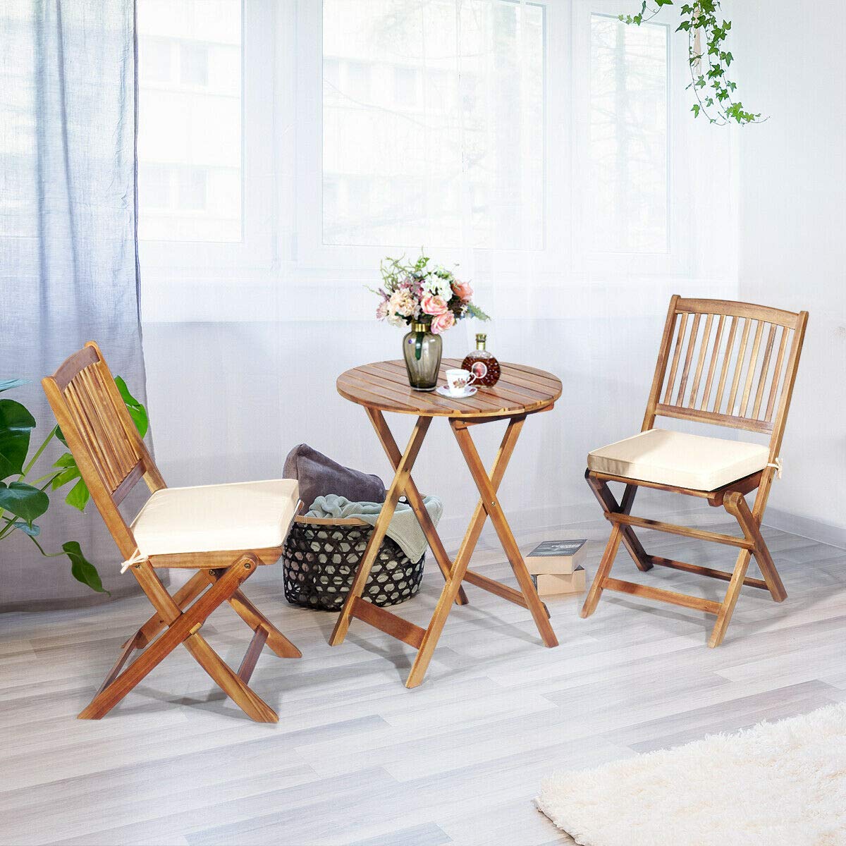 Tangkula 3-Piece Patio Folding Bistro Set - Acacia Wood Outdoor Dining Table & Chairs with Padded Cushions, Round Coffee Table - Perfect for Garden, Poolside, Balcony & Indoor Use (Cream)