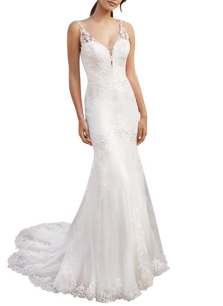 Elegant Lace Tulle Mermaid Wedding Dress for Bride 2023 - Formal Reception Gown with Flowy Boho Style - Perfect for Beach Weddings, Vow Renewals & Romantic Photoshoots