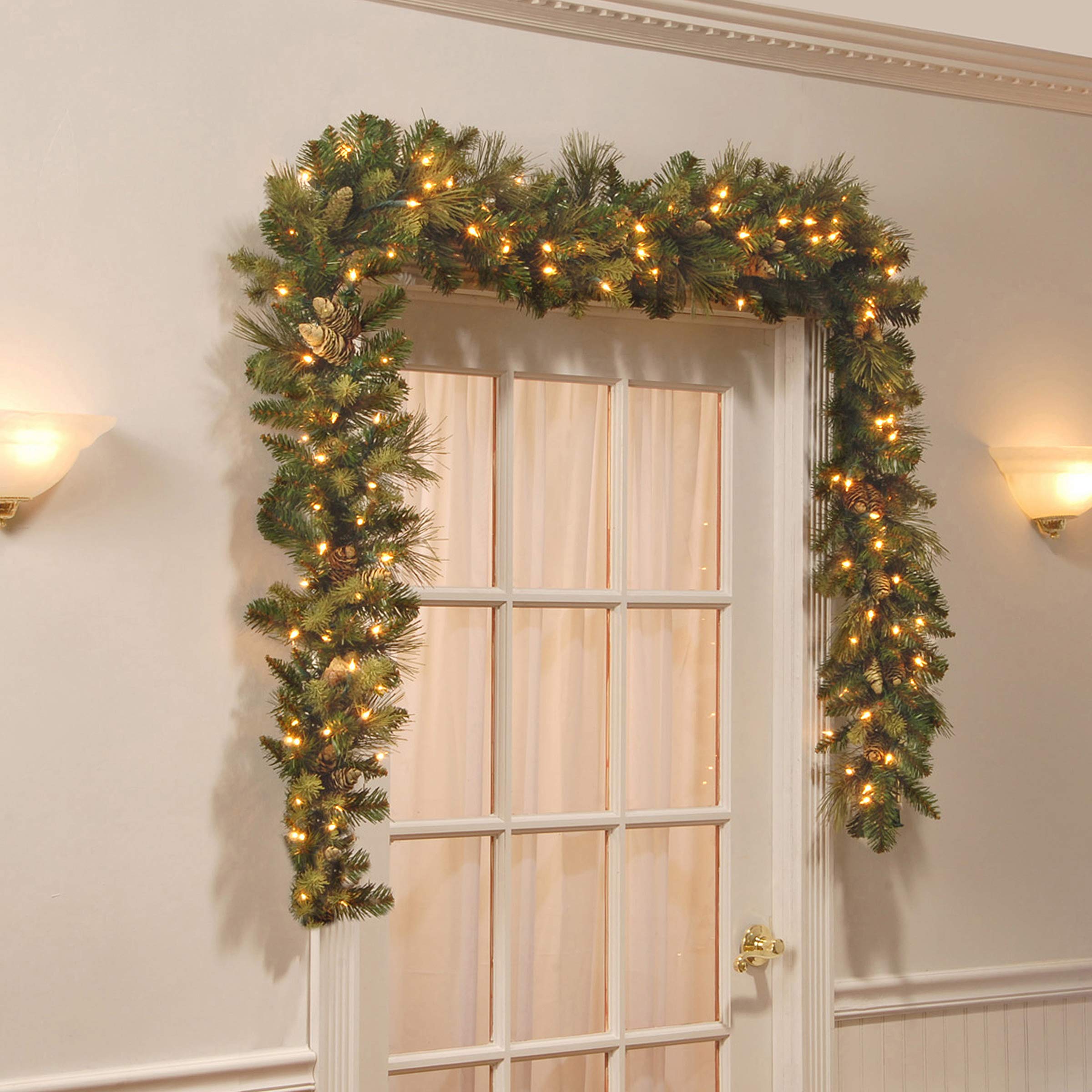 National Tree Company 24-Inch Pre-Lit Artificial Christmas Garland & Wreath Set - Flocked Crestwood Spruce with Mixed Decorations & White LED Lights for Holiday Home Decor, Fireplace, and Door Decoration