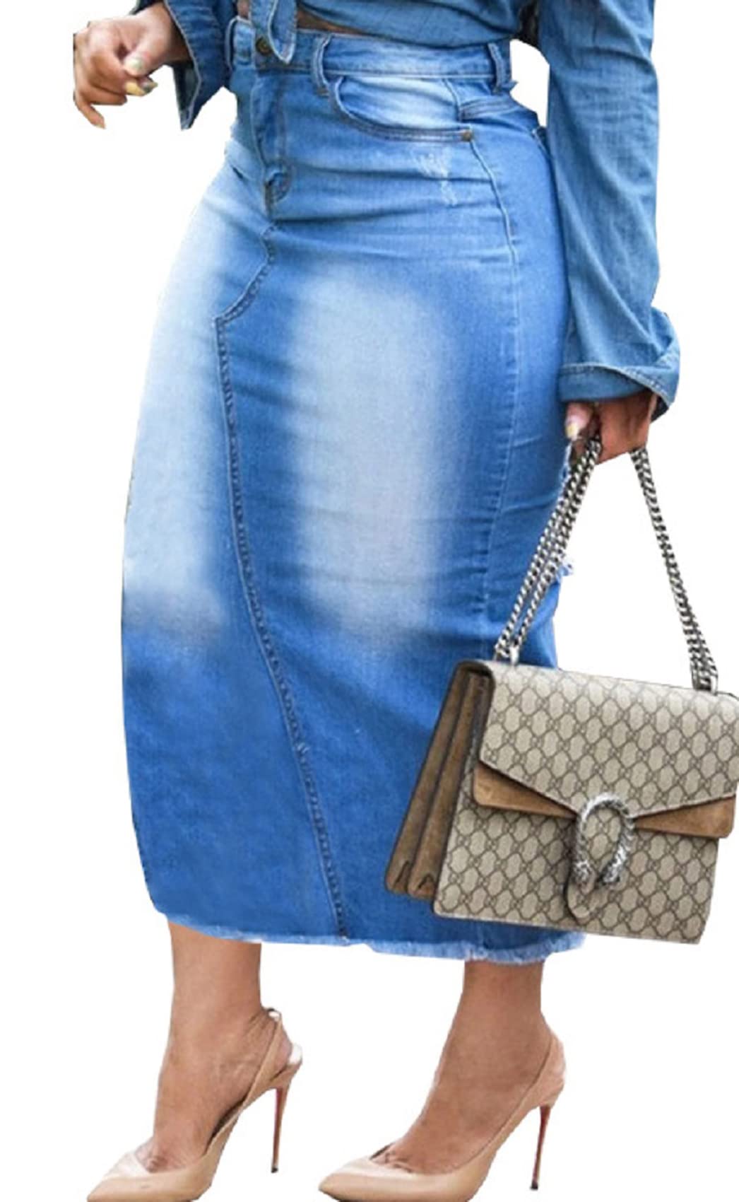 Women's High Waist Stretch Denim Midi Skirt with Side Slit & Pockets - Casual Frayed Hem Blue Jean Skirt for Everyday Wear, Date Night & Office Outfits