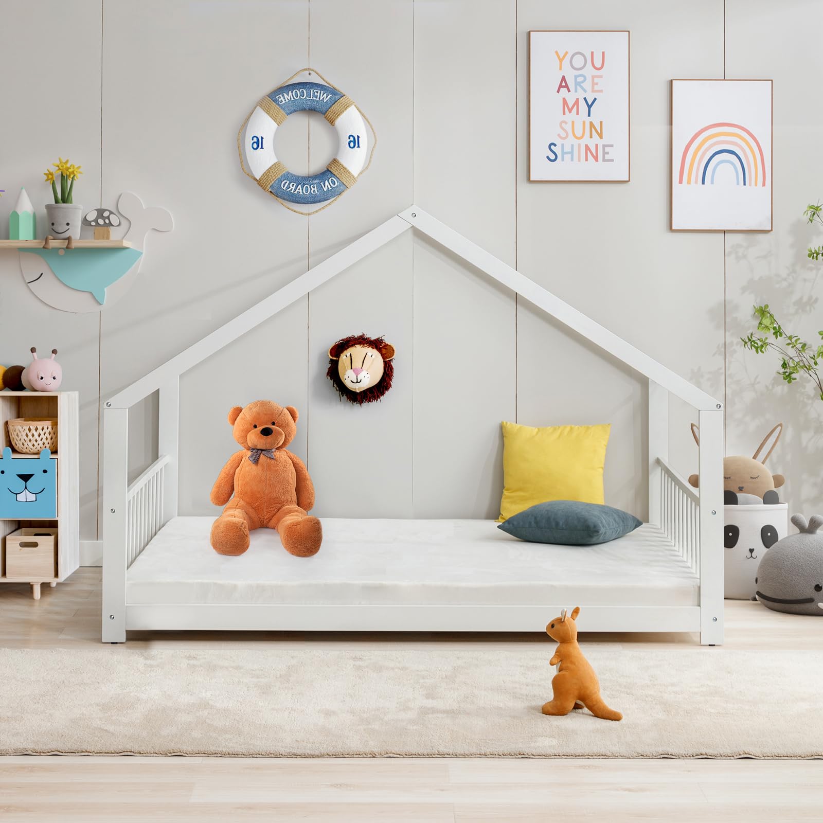 Twin Size Wooden Montessori Floor Bed Frame with Roof - Kids House Bed for Boys and Girls in White | Perfect for Montessori Bedrooms, Playrooms & Cozy Sleep Spaces