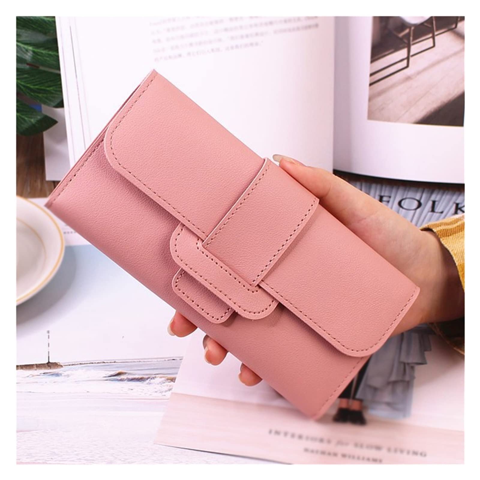 Genuine PU Leather Women's Wallet with Long Hasp - Fold Over Pattern Coin Purse & Phone Holder for Ladies (Pink, 9x19cm) | Perfect for Everyday Use, Travel, and Gift Giving