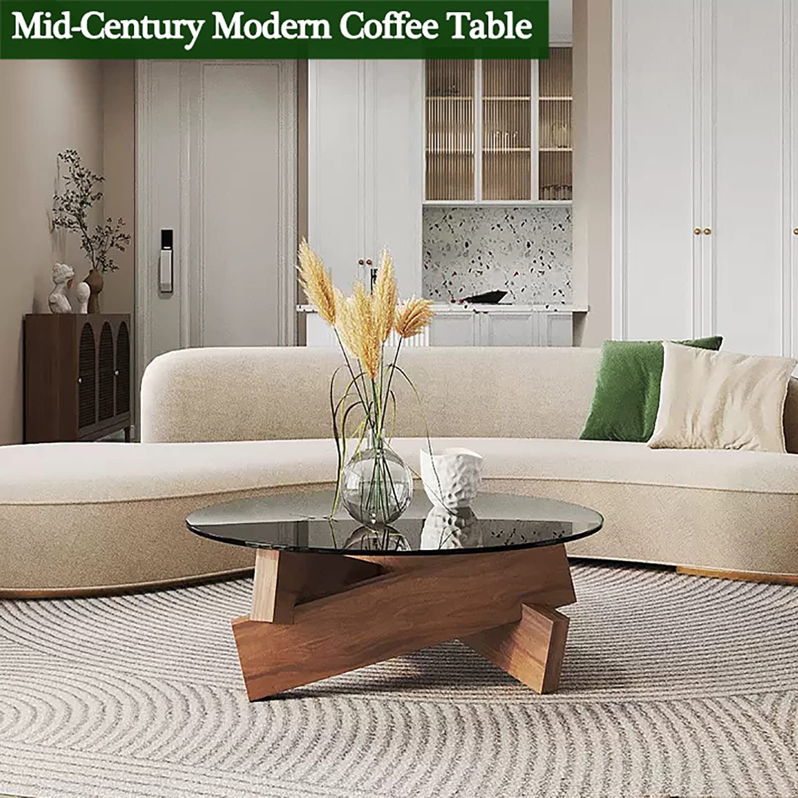 Mid-Century Modern Round Coffee Table with Thickened Glass Top & Wood Base - 31.5