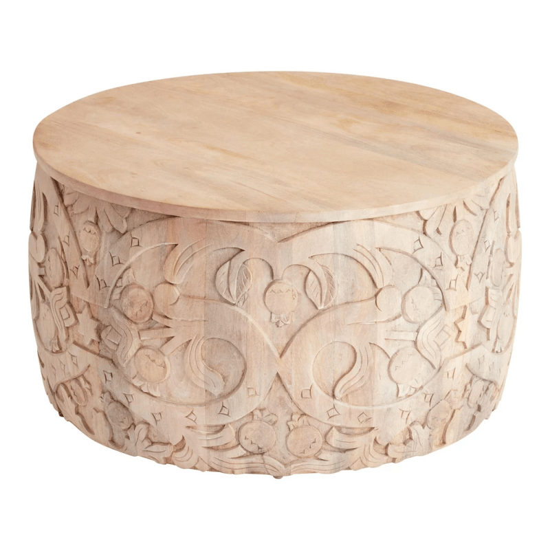 Hand Carved Solid Wood Coffee Table - Natural Round Cocktail Table for Living Room, Lounge & Home Decor | Rustic Modern Centerpiece Furniture