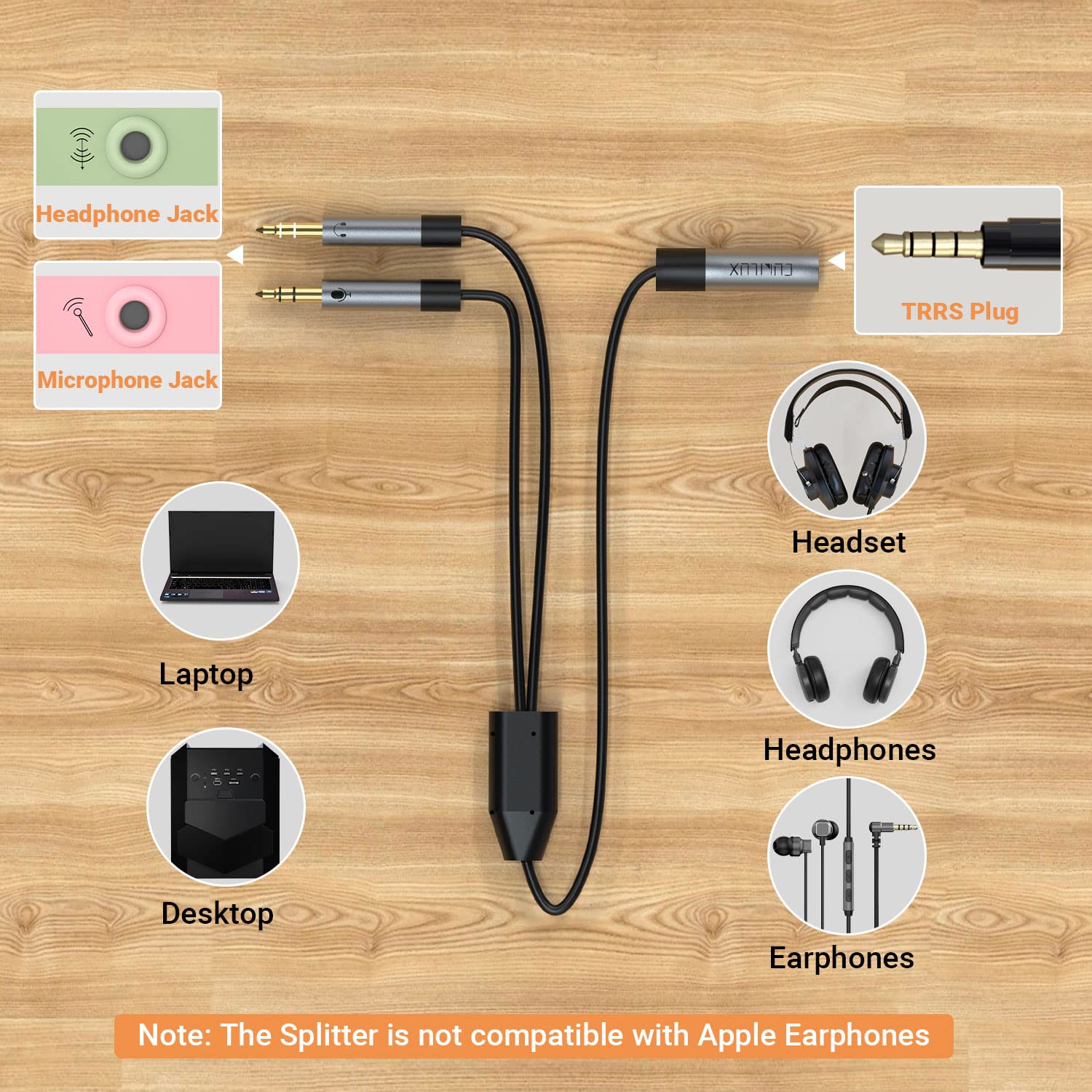 Cubilux 3.5mm Headset Audio and Microphone Splitter Adapter - TRRS Female to Dual TRS Male Y Cable - Compatible with Gaming Headsets, PC, Laptop, Computer (Separate Headphone & Mic Jacks) - Perfect for Online Gaming, Video Calls & Streaming