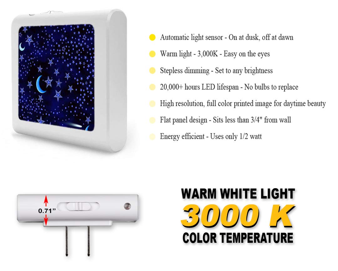 Dimmable LED Night Light with Auto On/Off Sensor - Adjustable Brightness Warm White Light for Bathroom, Hallway, Nursery & Bedrooms - Blue Stars Design - Perfect for Kids Rooms, Stair Safety & Nighttime Bathroom Visits