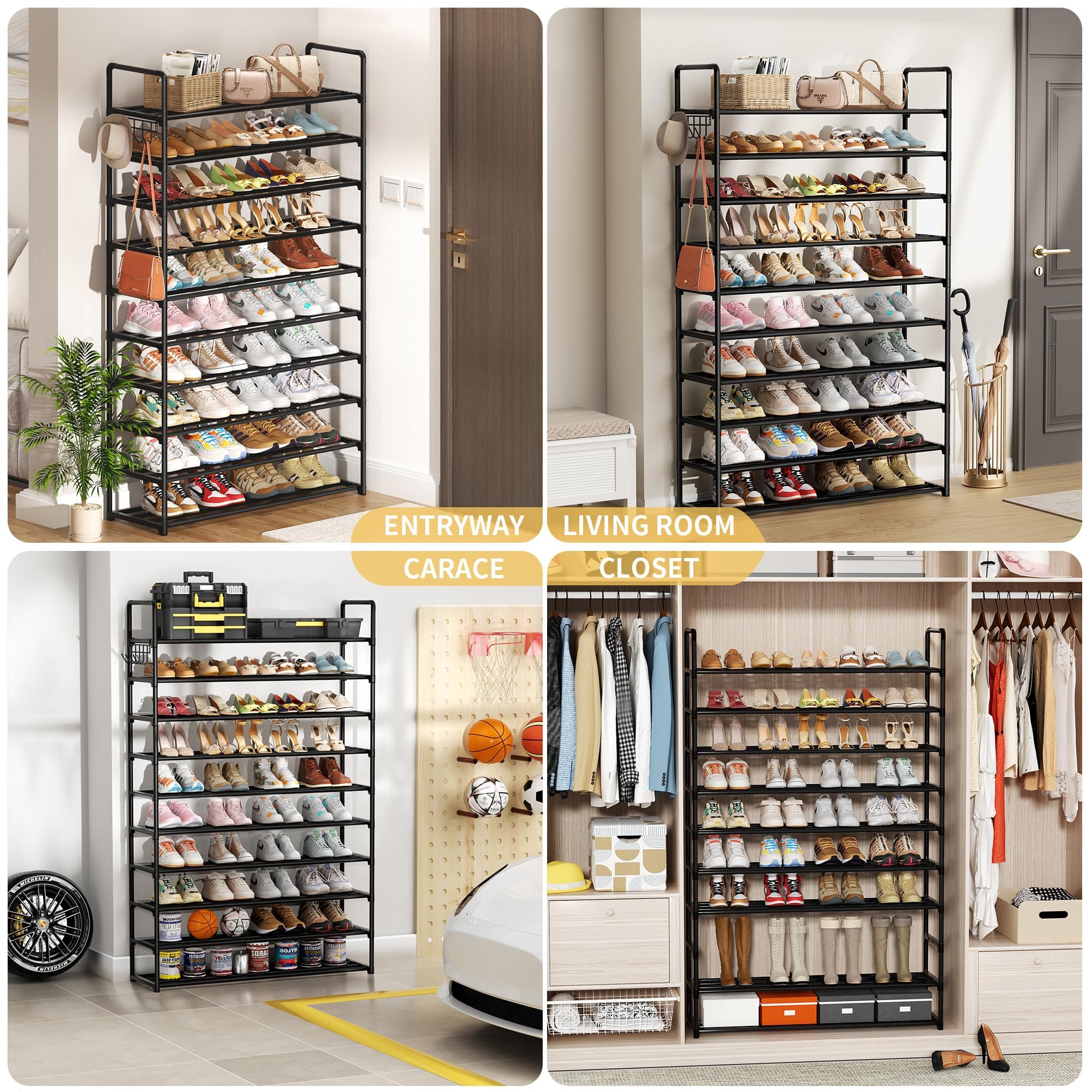 10-Tier Shoe Organizer - Large Metal Shoe Rack with Hooks Holds 40-50 Pairs | Space-Saving Closet Storage | Perfect for Entryway, Bedroom, Garage & Dorm Organization | Heavy Duty Shoe Shelf for Sneakers, Boots & Heels