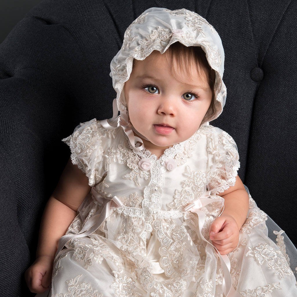 White & Ivory Lace Christening Gowns for Girls - Elegant Baptism Dresses with Matching Bonnet - Perfect for Baby Dedication, First Communion & Special Church Ceremonies