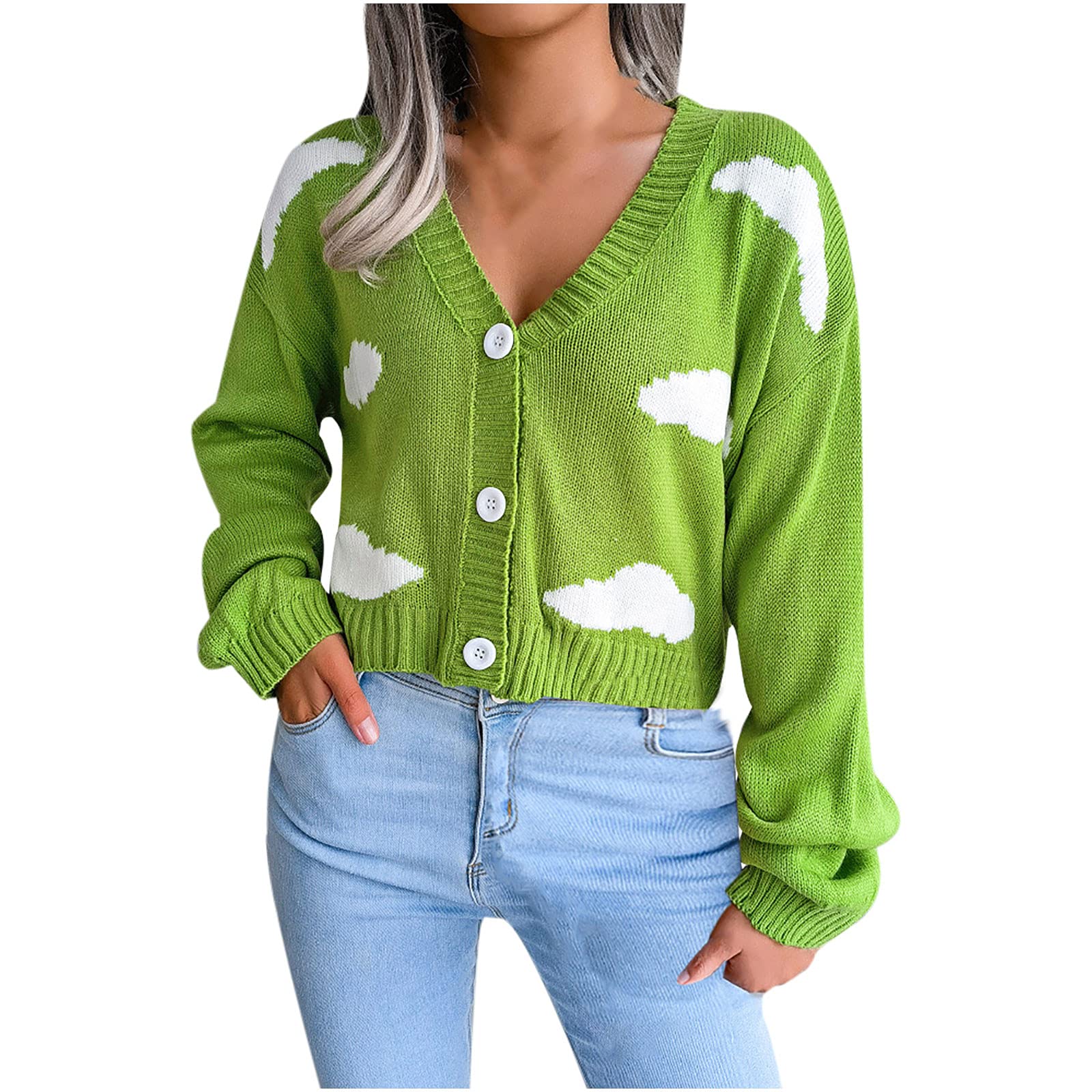 Women's Knitted Cardigan Sweater - Novelty Clouds Print Waffle Knit Cropped Coat with Loose Long Sleeves | Cozy Fall Layering, Casual Outfits & Office Wear