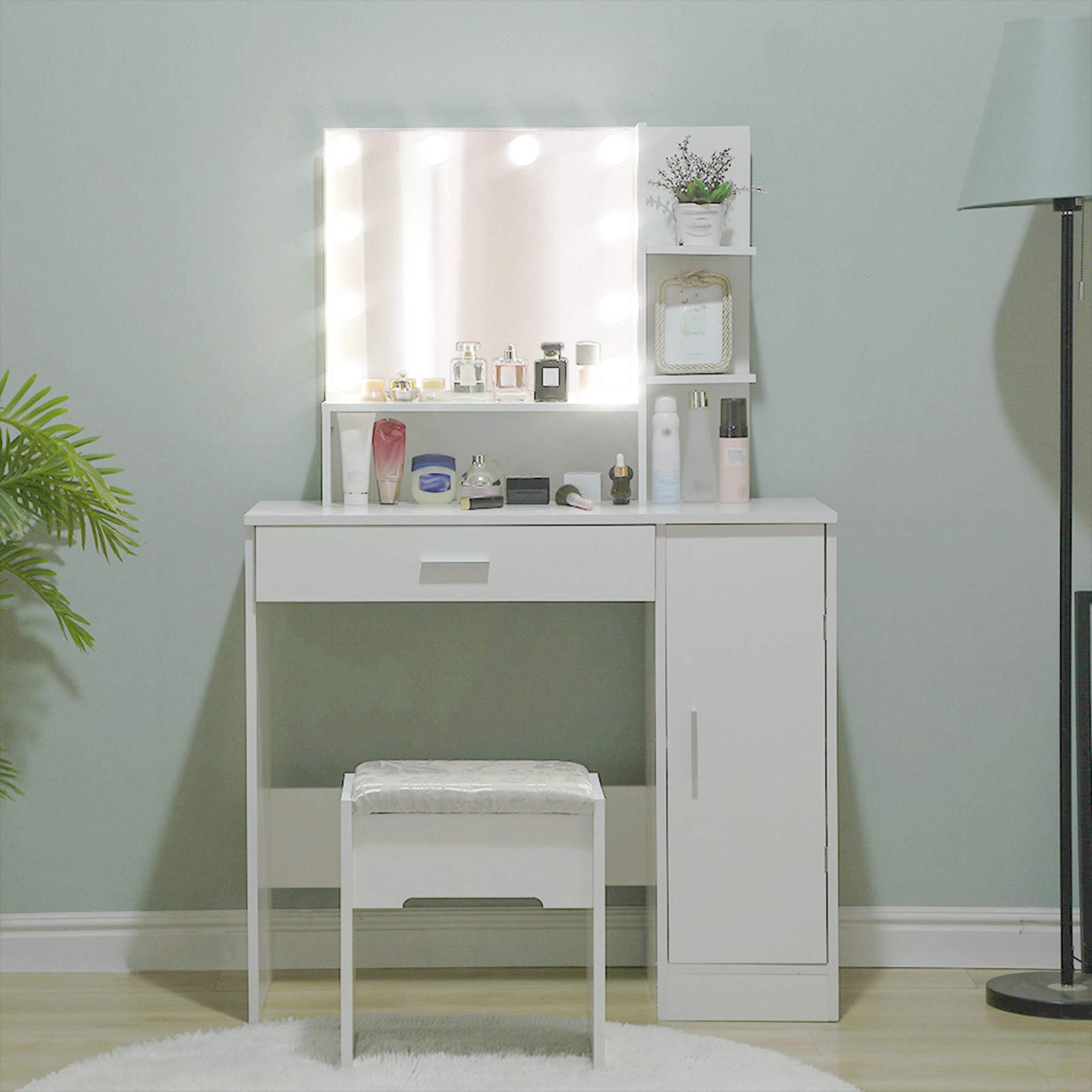Modern White Vanity Table Set with 10 LED Bulbs - Dressing Makeup Desk with Drawers, Storage Cabinet & Cushioned Stool - Elegant Bedroom/Bathroom Vanity for Women & Teens - Perfect for Makeup Application, Jewelry Organization & Home Decor