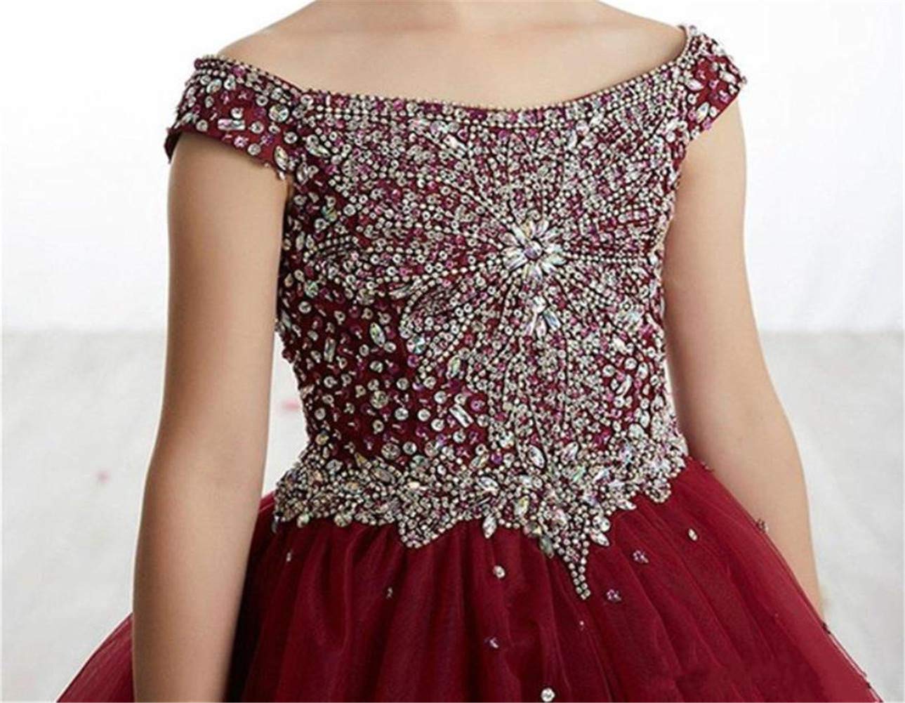 VeraQueen Girls Off Shoulder Beaded Pageant Dress - Cap Sleeve Ruffled Princess Ball Gown in Fuchsia Pink | Perfect for Beauty Pageants, Prom, Quinceañera & Special Occasions