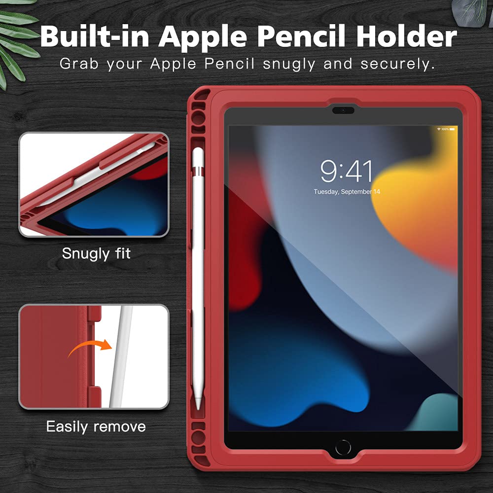 MoKo Shockproof Case for iPad 10.2 Inch (9th/8th/7th Generation 2021/2020/2019) - Built-in Screen Protector & Apple Pencil Holder, Auto Sleep/Wake Protective Cover - Perfect for Work, School & Travel (Red)