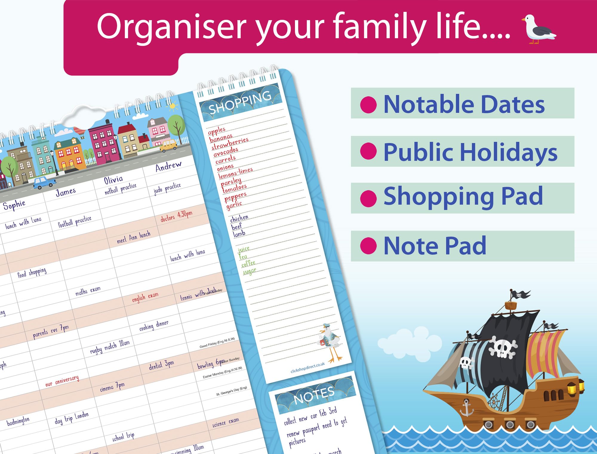 2025 Family Organizer Wall Calendar Planner with Memo Pad, Pen & Shopping List - Monthly 5-Column Design for Home & Office - Perfect for Family Schedules, Meal Planning & Goal Tracking