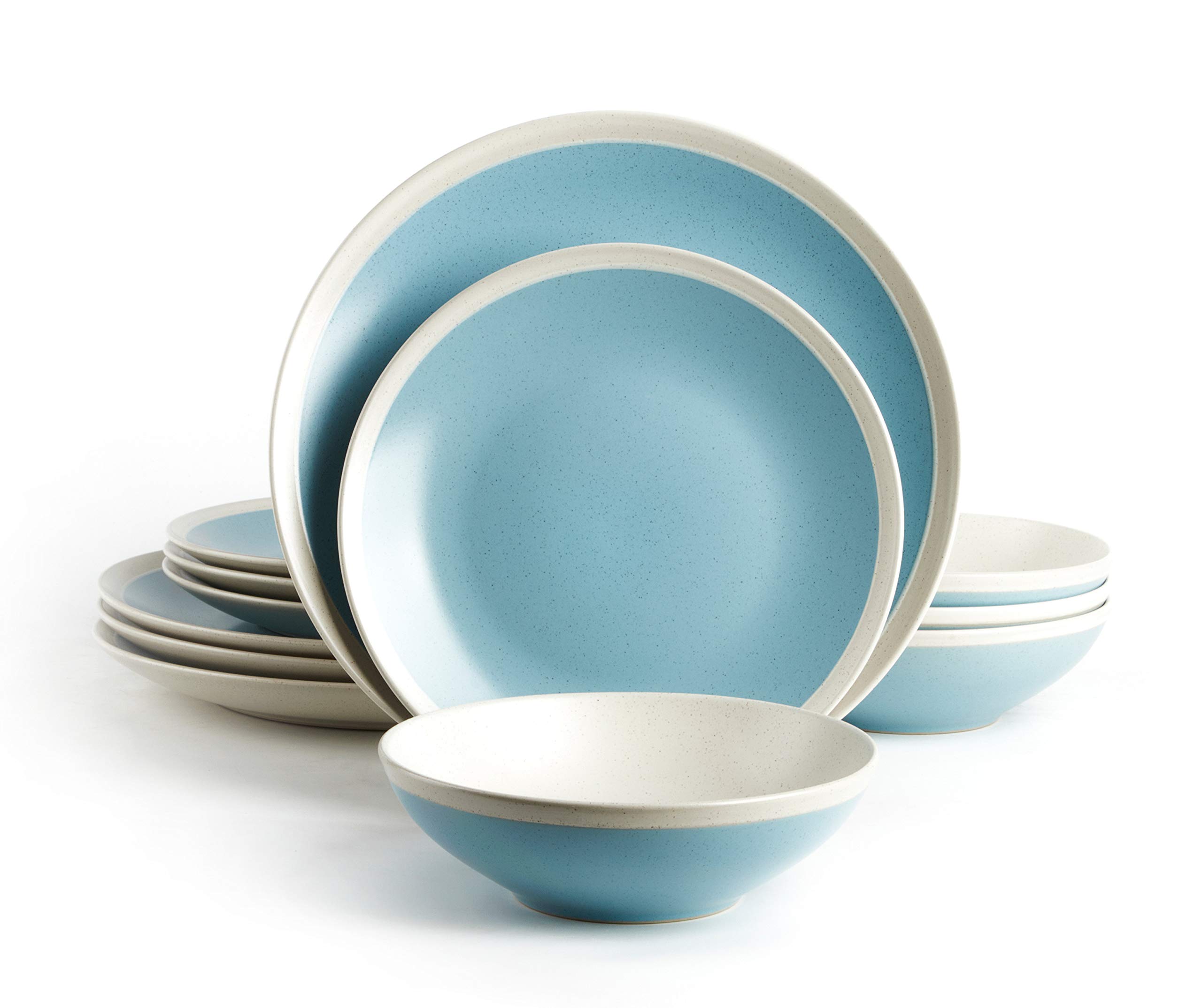 HomeVss Rock Ridge Speckled Stoneware Dinnerware Set - 12 Piece Turquoise & Ivory Dinner Plates, Bowls & Mugs - Elegant Farmhouse Tableware for Everyday Use & Entertaining