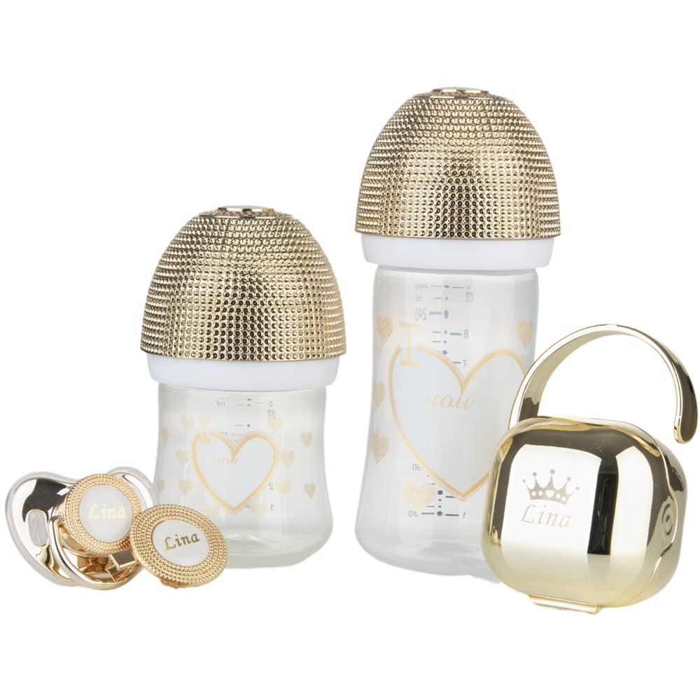 Custom Bling Baby Pacifier & Bottle Set - Personalized Name for Boys & Girls (0-6 Months, 6-18 Months) | Luxury 4-Piece Baby Shower Gift, Glittering Anniversary Edition | Perfect for Newborn Essentials, Christening Gifts & First Birthday Presents