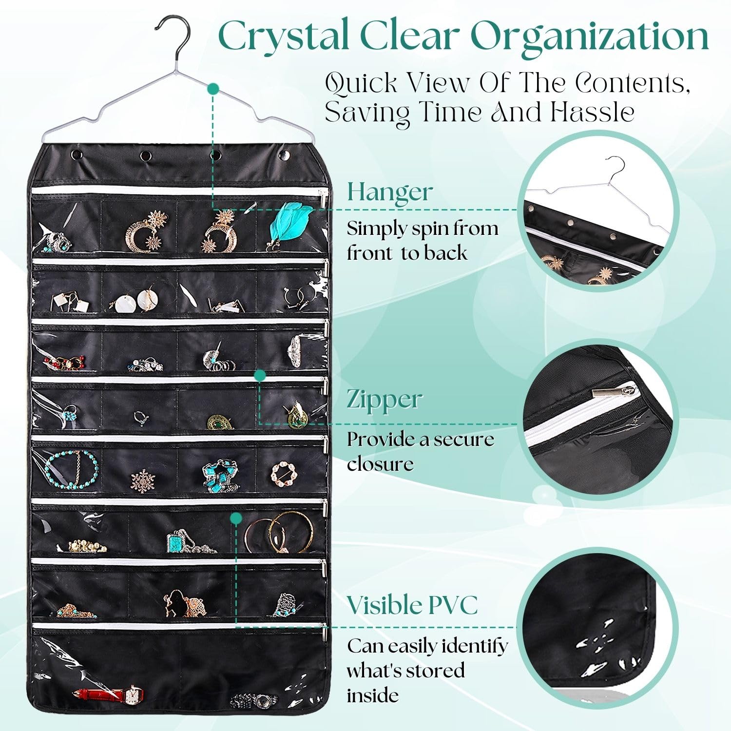 Flexzion Hanging Jewelry Organizer with 56 Zippered Pockets - Dual-Sided Closet Storage for Earrings, Bracelets, Watches & Rings | Space-Saving Jewelry Holder with Hanger | Perfect for Bedroom, Closet & Travel Organization (Black, 1 Pack)