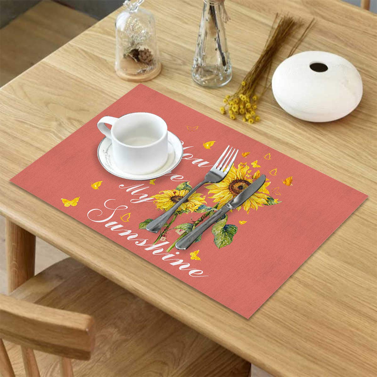 Rustic Sunflower with Butterfly Placemats Set of 4 - Heat Resistant Washable Burlap Table Mats for Dining, Round & Outdoor Patio Tables - Perfect for Farmhouse Decor, Picnics & Summer Entertaining