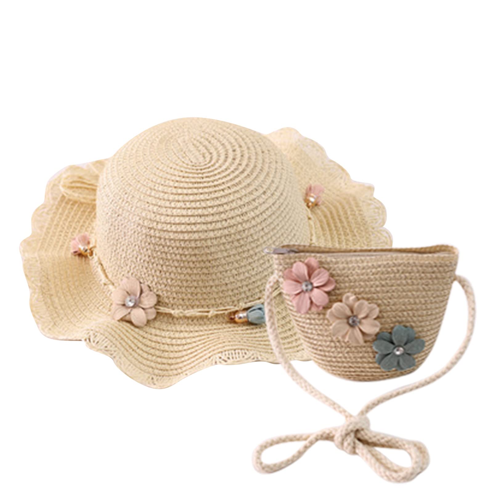 Girls Straw Panama Hat with Flower - Cute Sun Protection Beach Hat for Kids & Children, Includes Matching Straw Bag - Perfect for Summer Outings, Vacations, and Outdoor Play