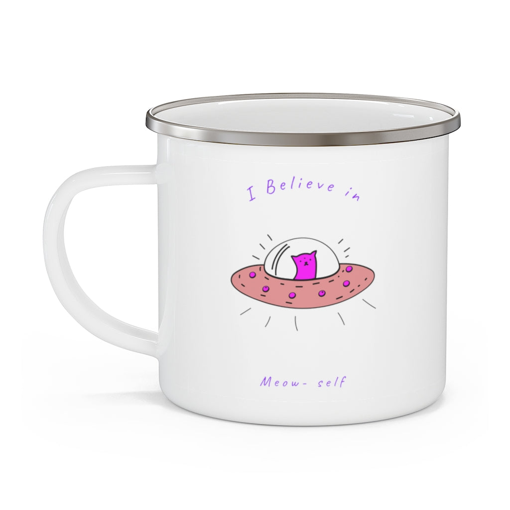 Funny 'I Believe in Meow' Enamel Camping Mug - Space-Themed Travel Coffee & Tea Cup for Outdoor Adventures, Gifts for Cat Lovers
