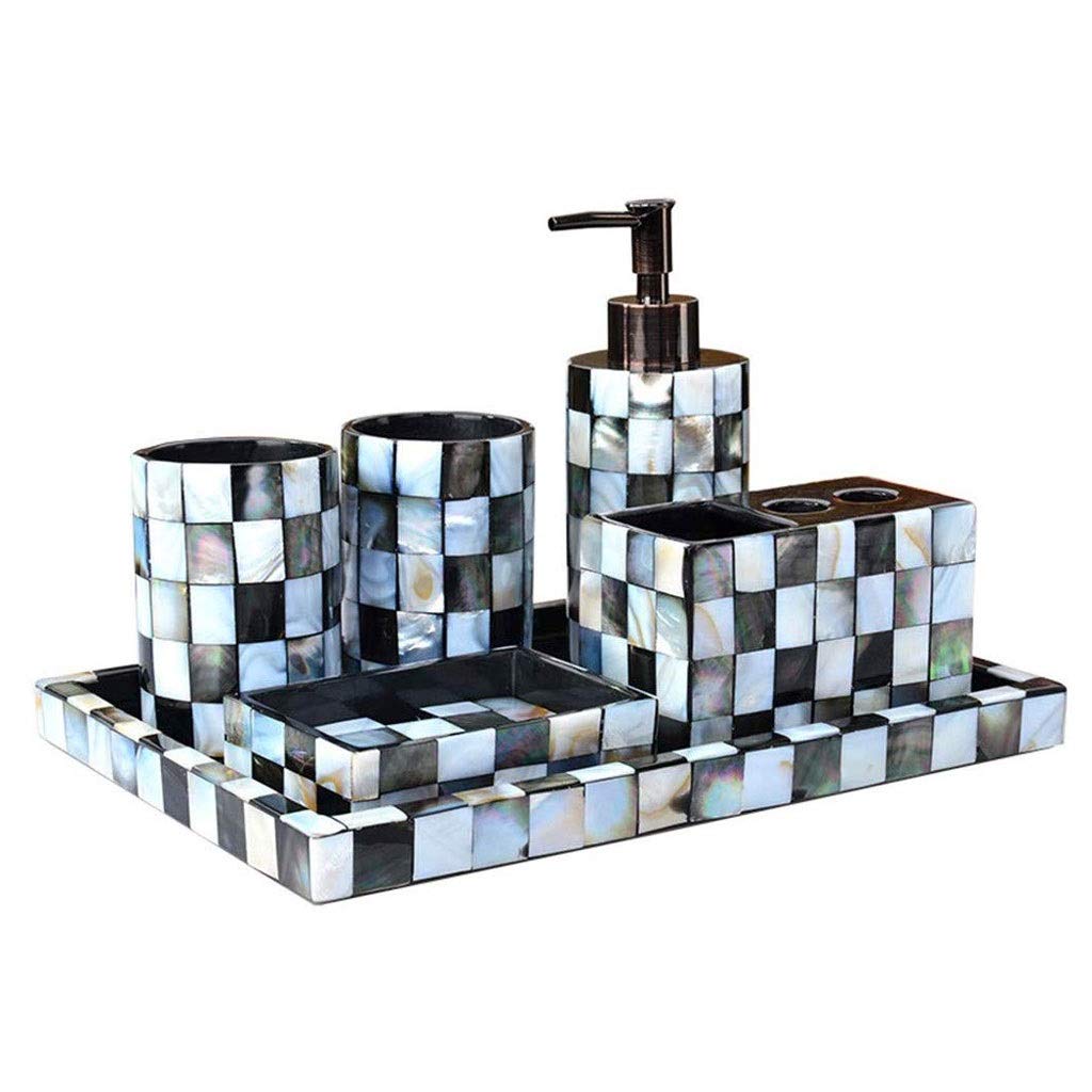 Bright-Colored Mosaic Shell 6-Piece Bathroom Accessory Set - Soap Dispenser, Lotion Bottle & Toothbrush Holder | Modern Bathroom Decor for Home, Spa & Guest Rooms
