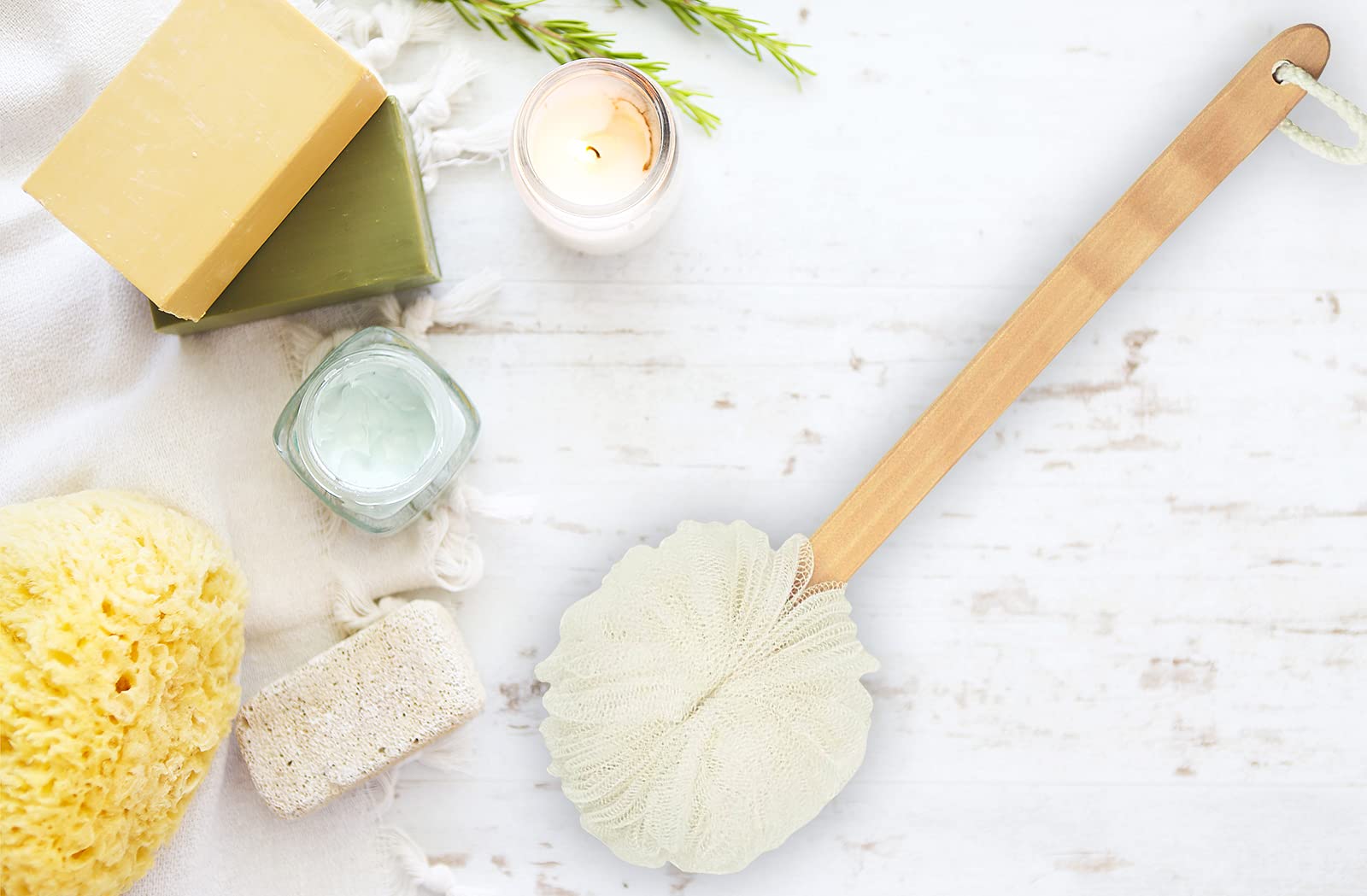 Wooden Handle Bath Sponge & Loofah Brush - Exfoliating Back Scrubber for Shower & Skin Care