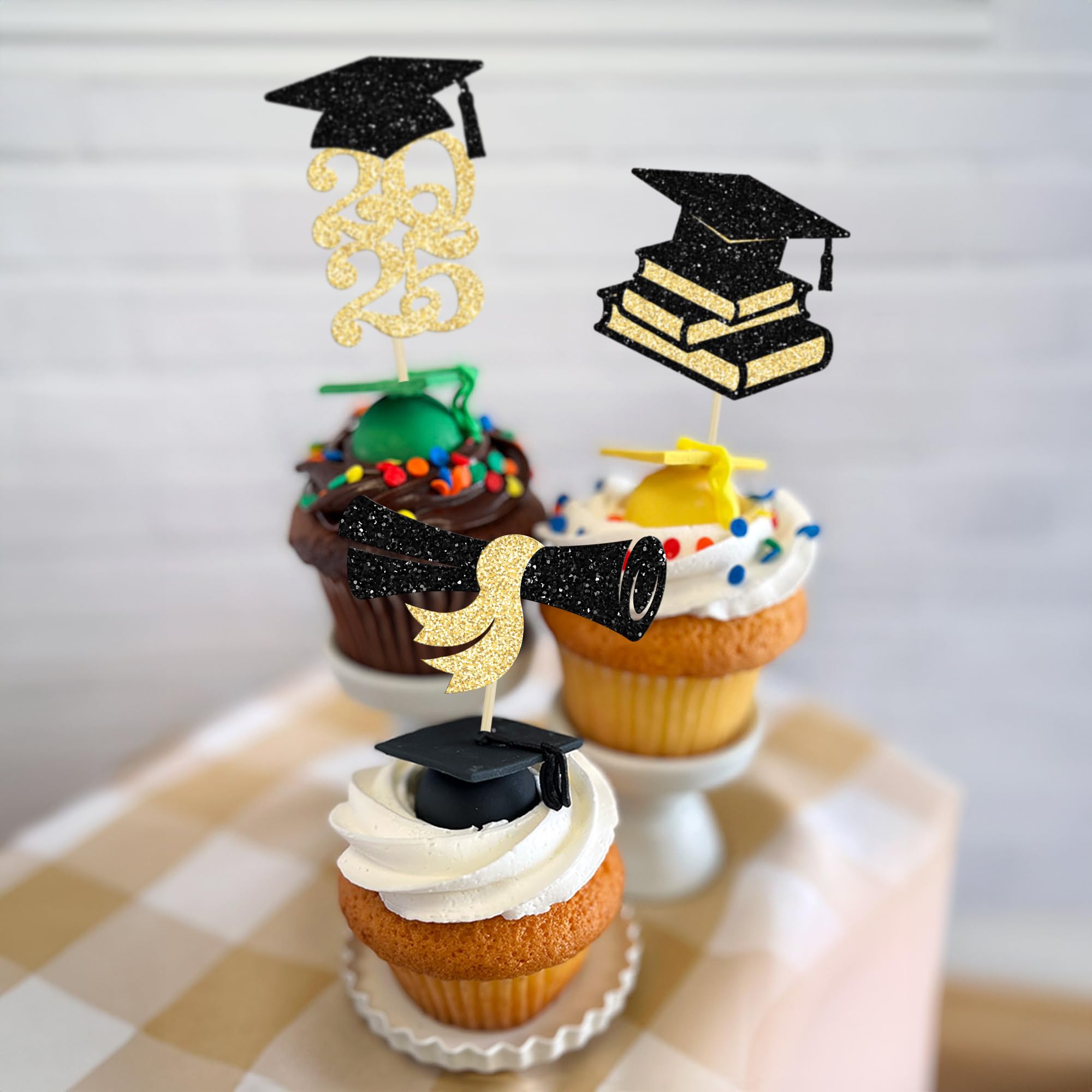 Ephlyn 24Pcs 2025 Graduation Cupcake Toppers - Glitter Diploma & Grad Cap Cake Decorations for Class of 2025 Party Supplies (Black & Gold) | Perfect for Graduation Celebrations, School Parties & Dessert Table Decor