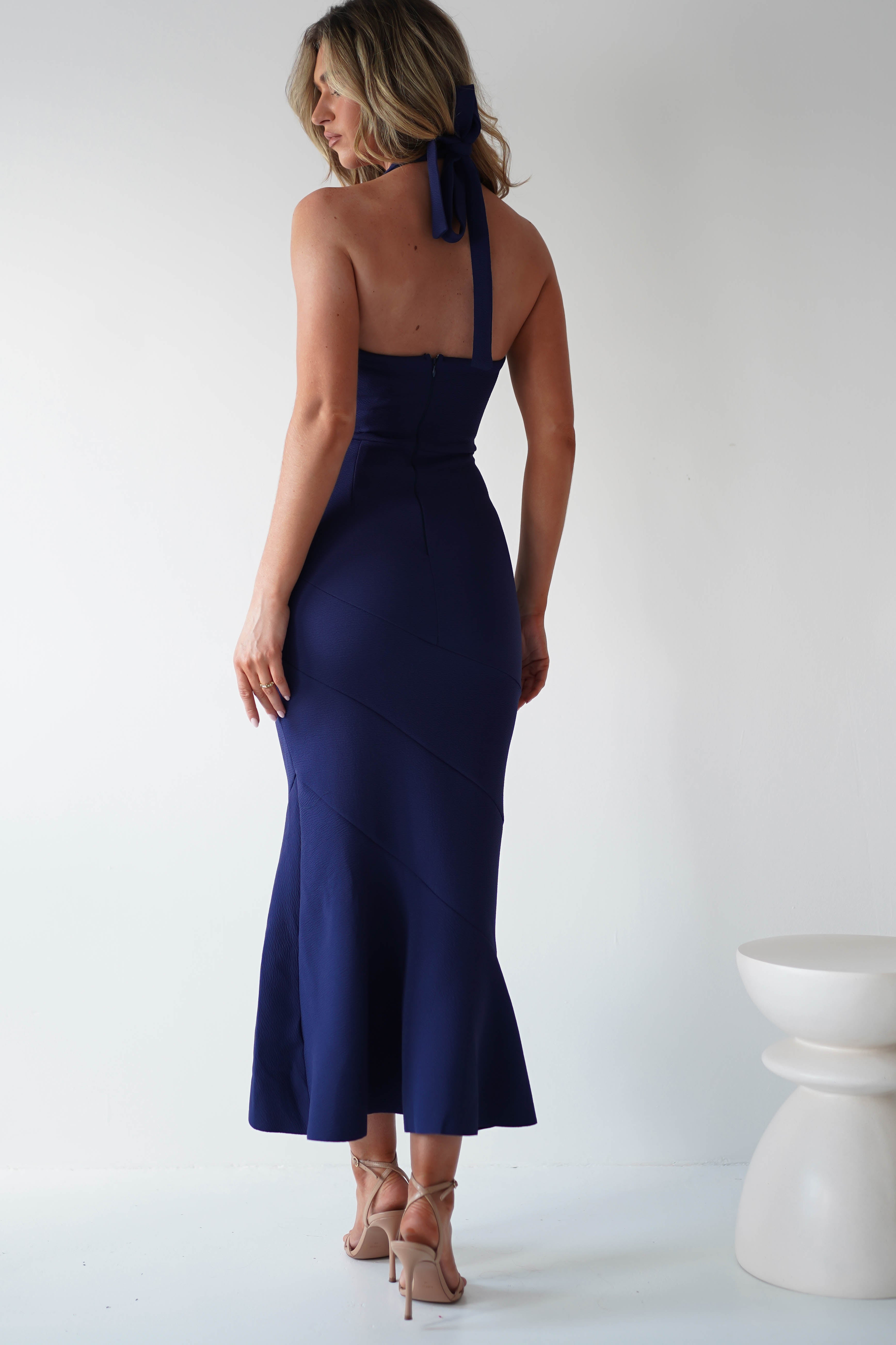Damaris Textured Midi Dress in Navy Blue - Elegant A-Line Flowy Dress for Women | Perfect for Office Wear, Cocktail Parties & Date Nights