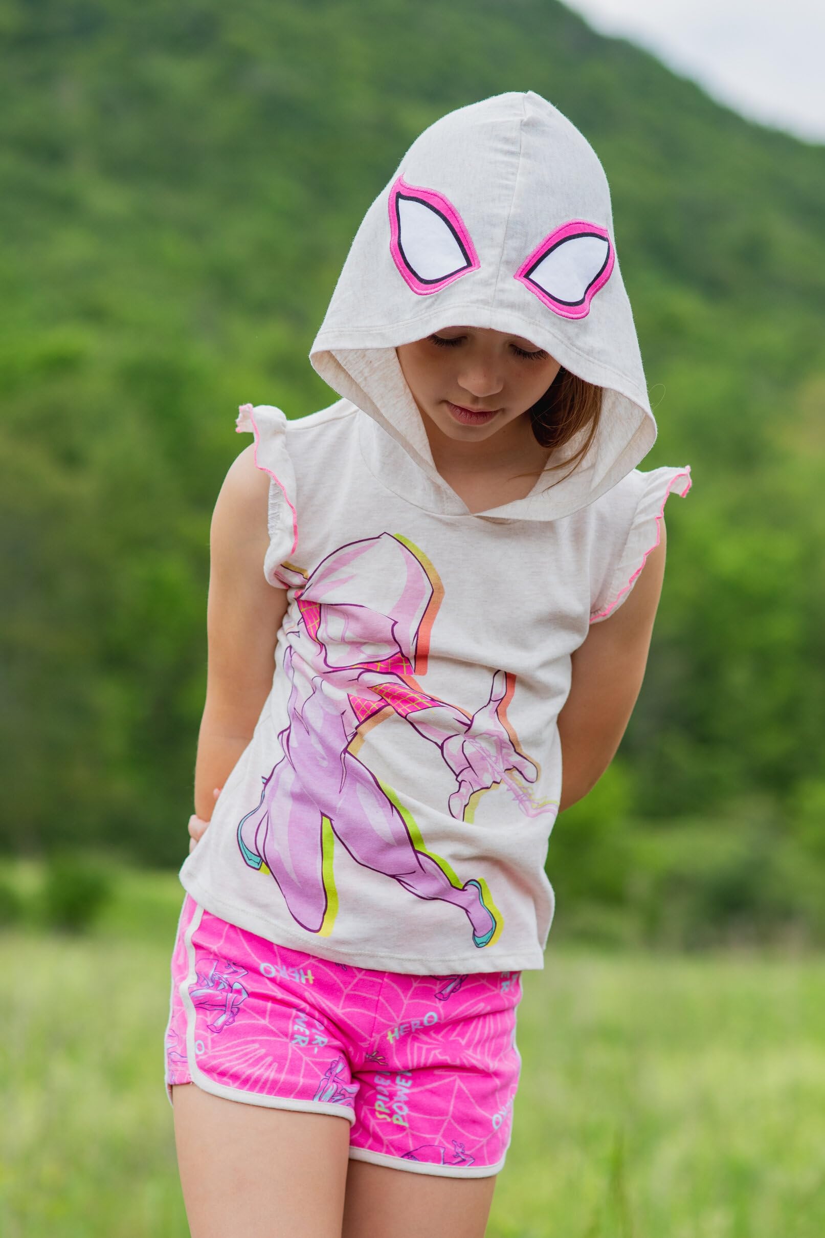 Marvel Spider-Man Girls Cosplay Tank Top & French Terry Dolphin Shorts Outfit Set (2T-16) | Toddler to Big Kid Costume | Birthday Party, Halloween Dress Up, Comic-Con Cosplay