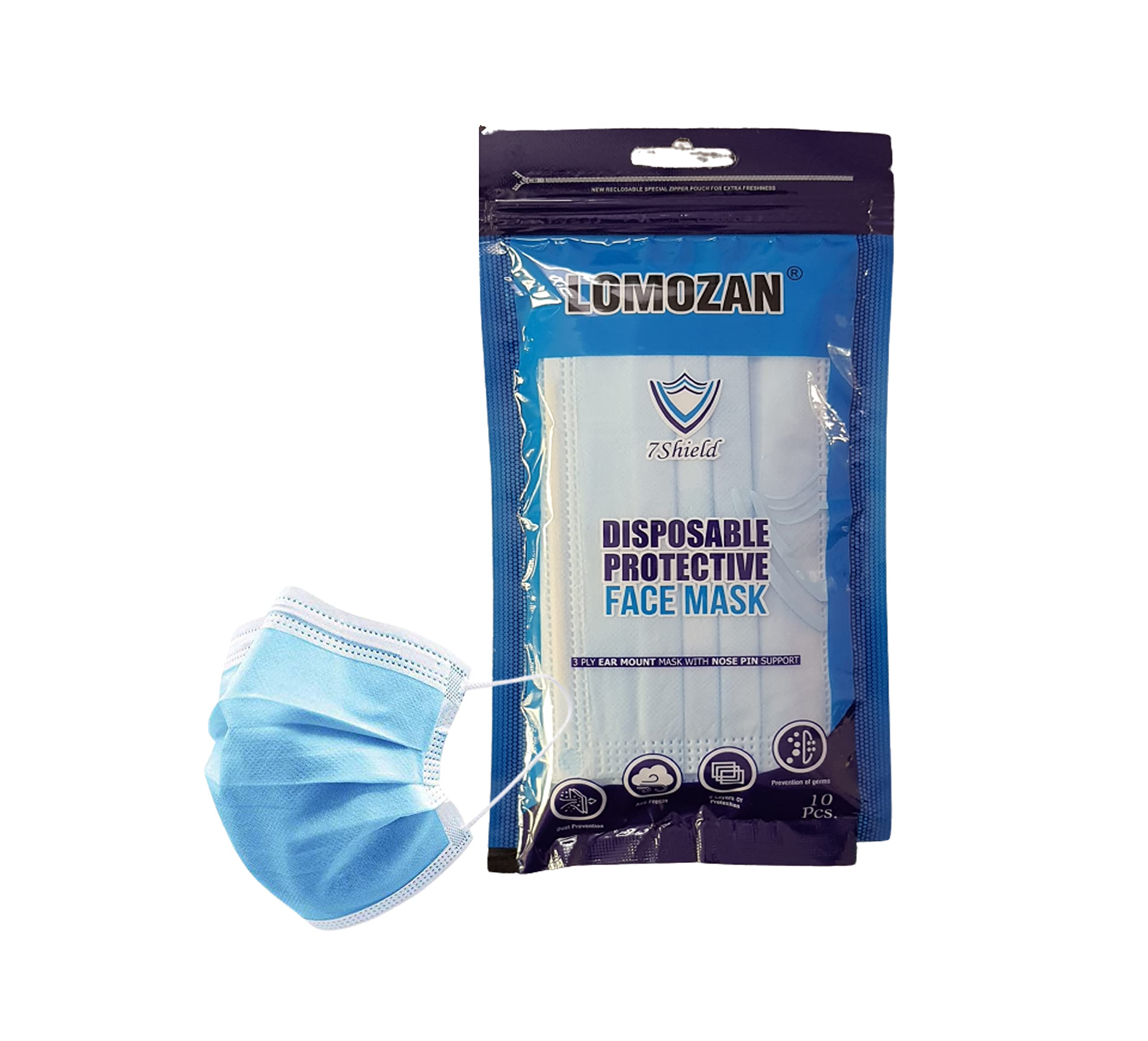7Shield CE & ISO Certified Face Mask with Nose Clip & Soft Ear Loops - Water Resistant Surgical Mask (10-Pack, Multicolor) - Ideal for Work, Travel & Daily Protection