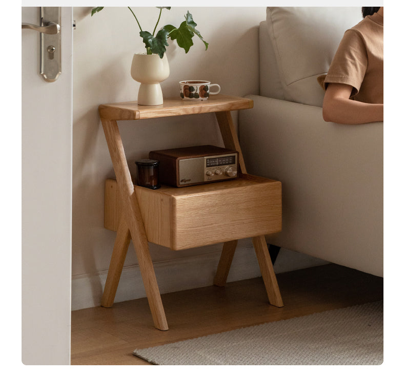 Solid Oak Wood Nightstand with Built-in LED Light - Modern Bedside Table for Bedroom, Living Room & Office