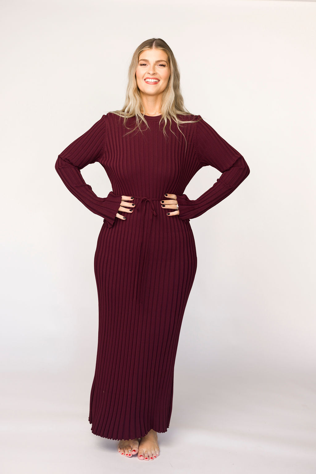 Colette Premium Long Sleeved Ribbed Knit Maxi Dress in Burgundy - Bump Friendly Maternity Dress for Pregnancy, Nursing & Postpartum - Perfect for Casual Wear, Office & Special Occasions