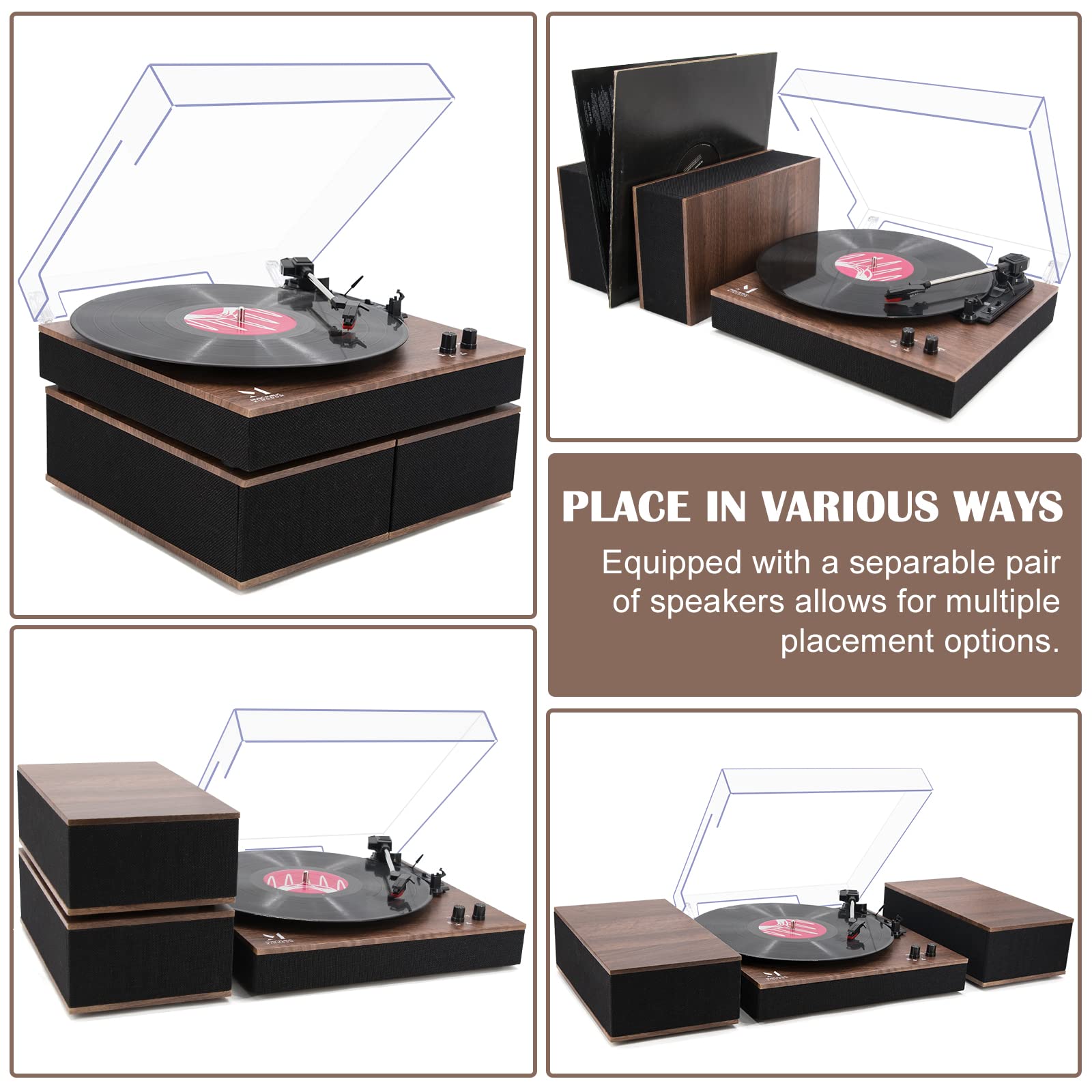 MPK Bluetooth Record Player - HiFi Turntable with Bookshelf Speakers, 3-Speed Belt-Drive Vinyl Player for Wireless Playback & Auto-Stop, Walnut Wood - Perfect for Home Entertainment & Vinyl Record Collection