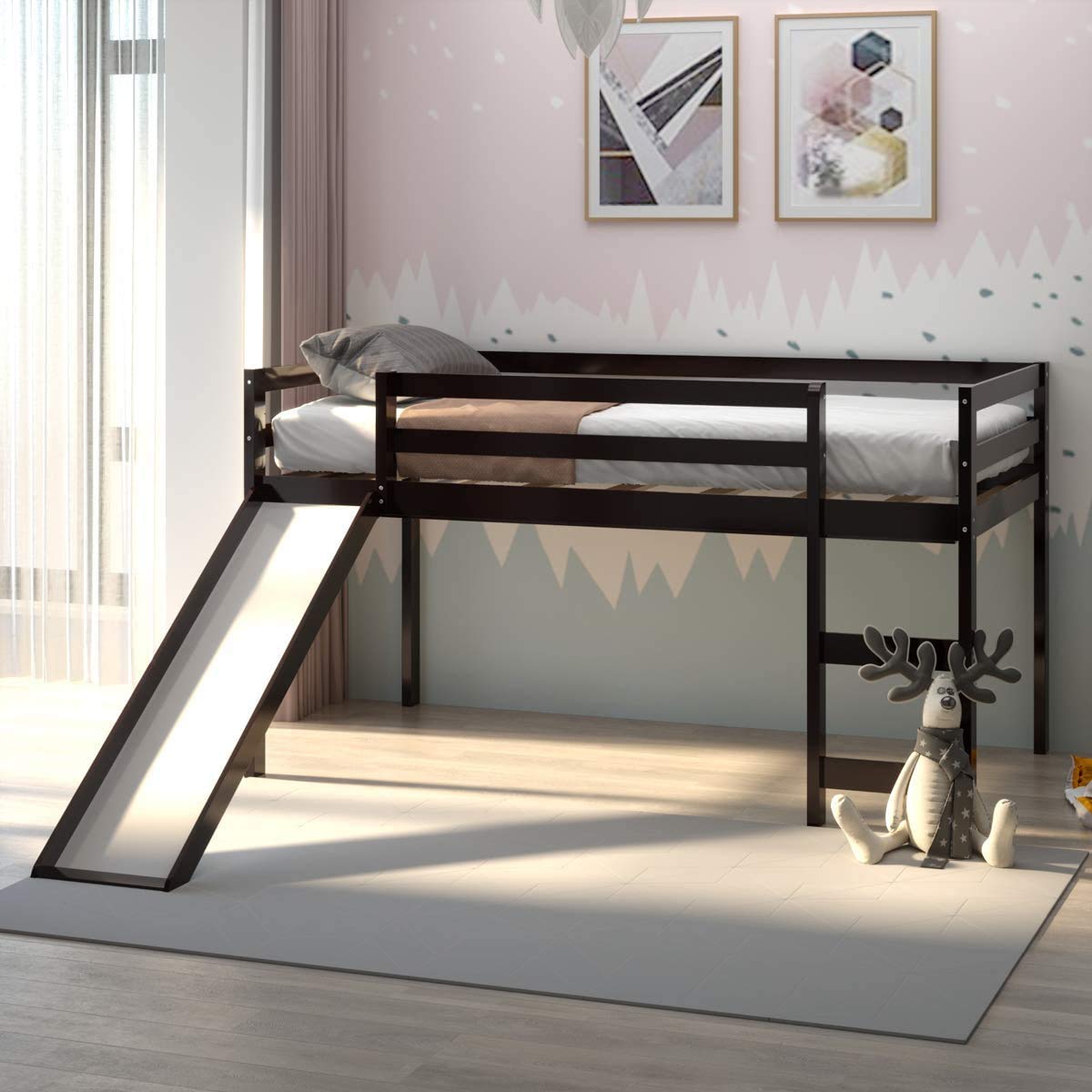 Costzon Twin Loft Bunk Bed with Slide - Solid Wood Kids Bunk Bed Frame with Built-in Ladder, Safety Guard Rail & Storage Space - Low Profile Bunk Bed for Boys & Girls Bedroom (Espresso) - Perfect for Small Spaces, Kids' Rooms, Sleepovers & Space-Saving Solutions