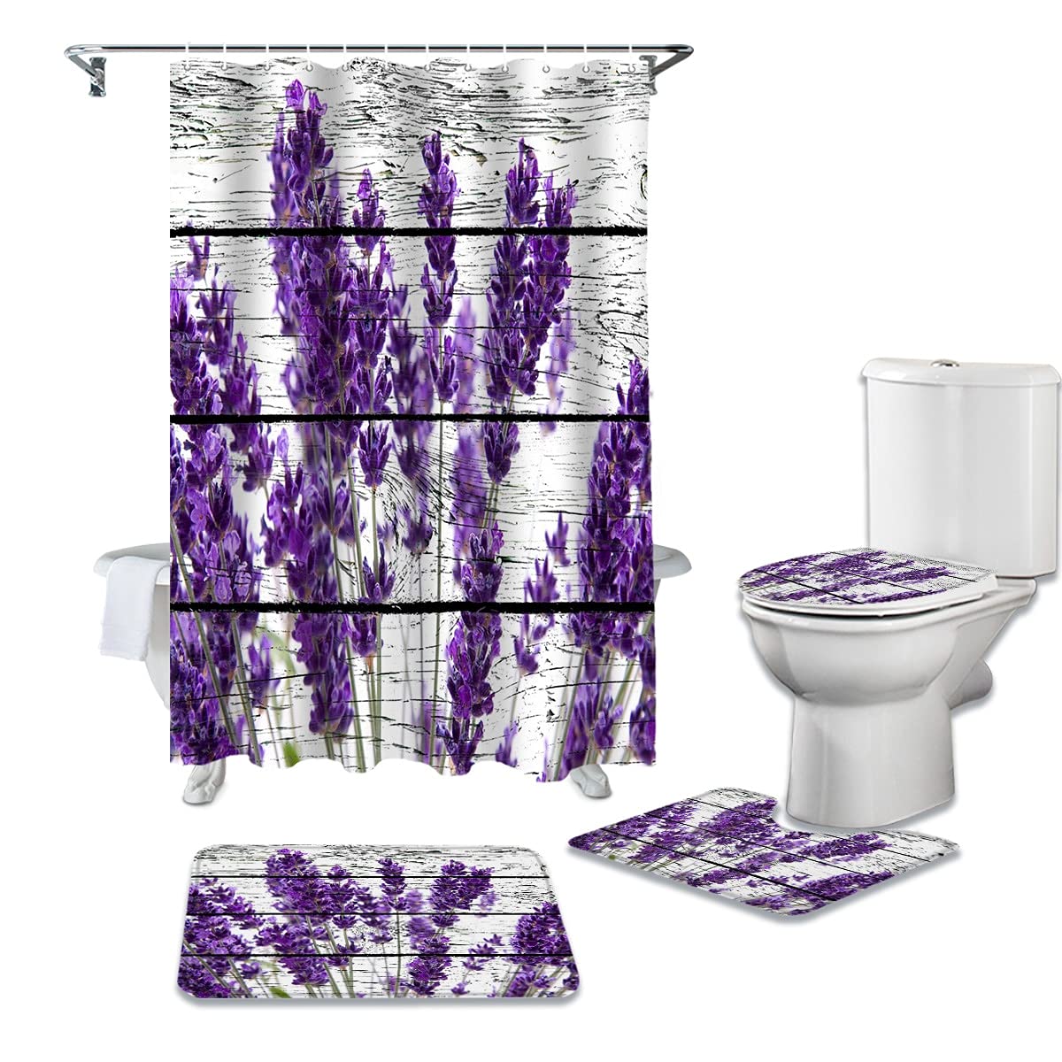 WWGBHJL 4-Piece Purple Lavender Wood Print Shower Curtain Set with Matching Bath Mat & Carpet - Waterproof Fabric Bathroom Decor for Modern, Farmhouse & Vintage Style Homes