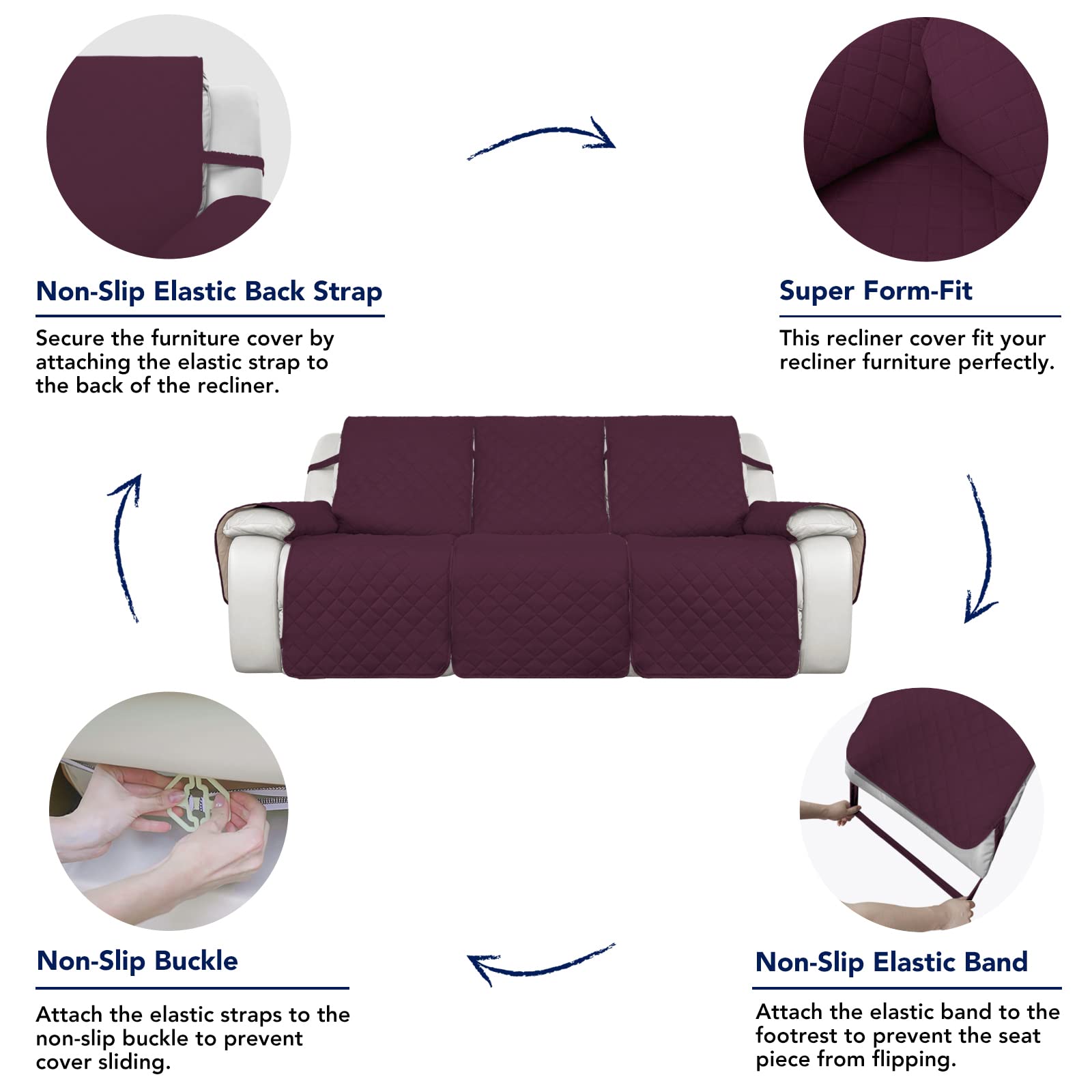 PureFit Waterproof Reversible 3-Seater Reclining Sofa Cover - Non-Slip Split Design for Recliner Couches, Washable Furniture Protector for Pets & Kids (Wine/Beige) | Perfect for Living Room, Family Room & Pet-Friendly Homes