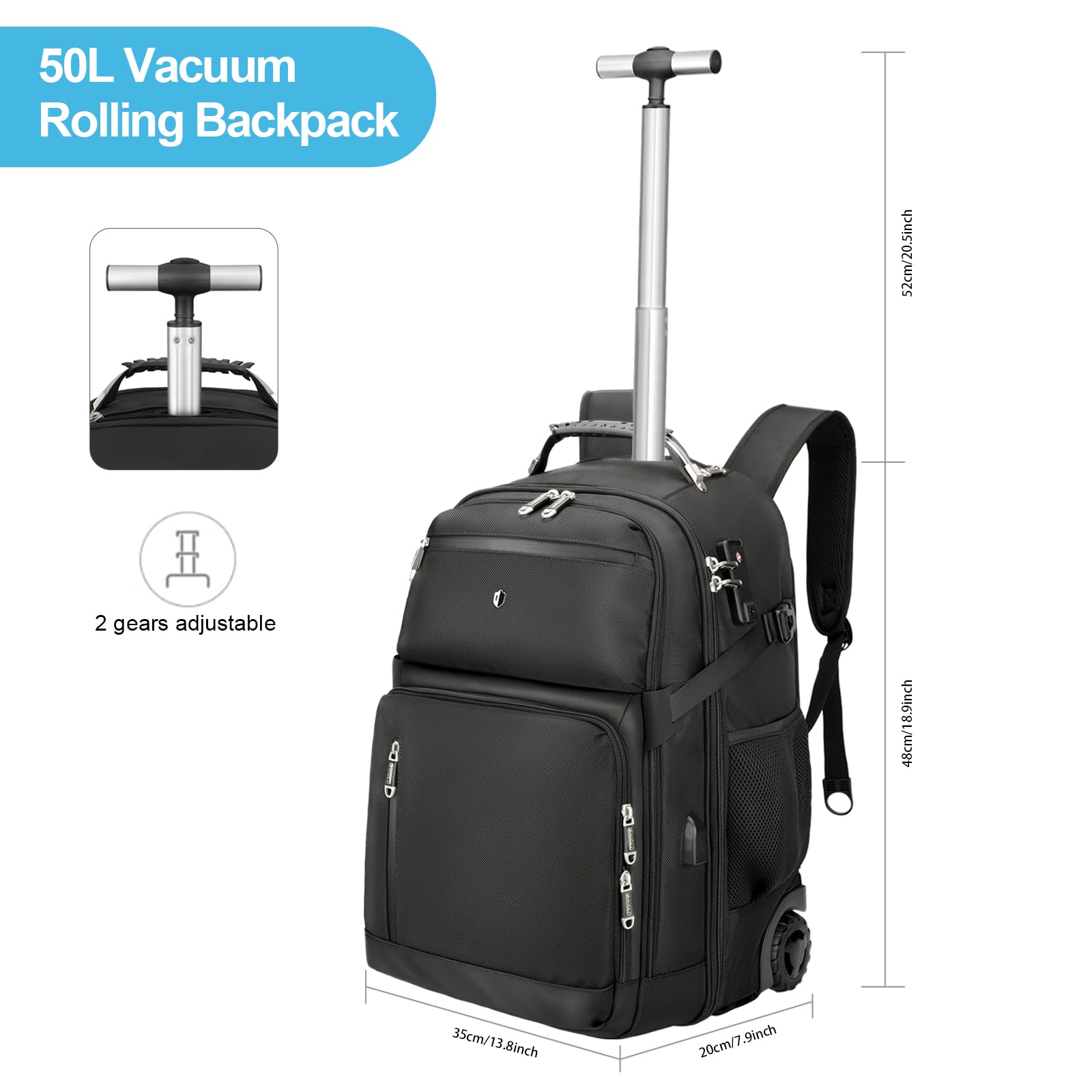 50L Anti-Theft Water-Resistant Rolling Backpack - Travel Laptop Backpack with Wheels for Business Commuting & Airplane Carry-On Luggage - Perfect for Business Trips, College Students & Daily Commute
