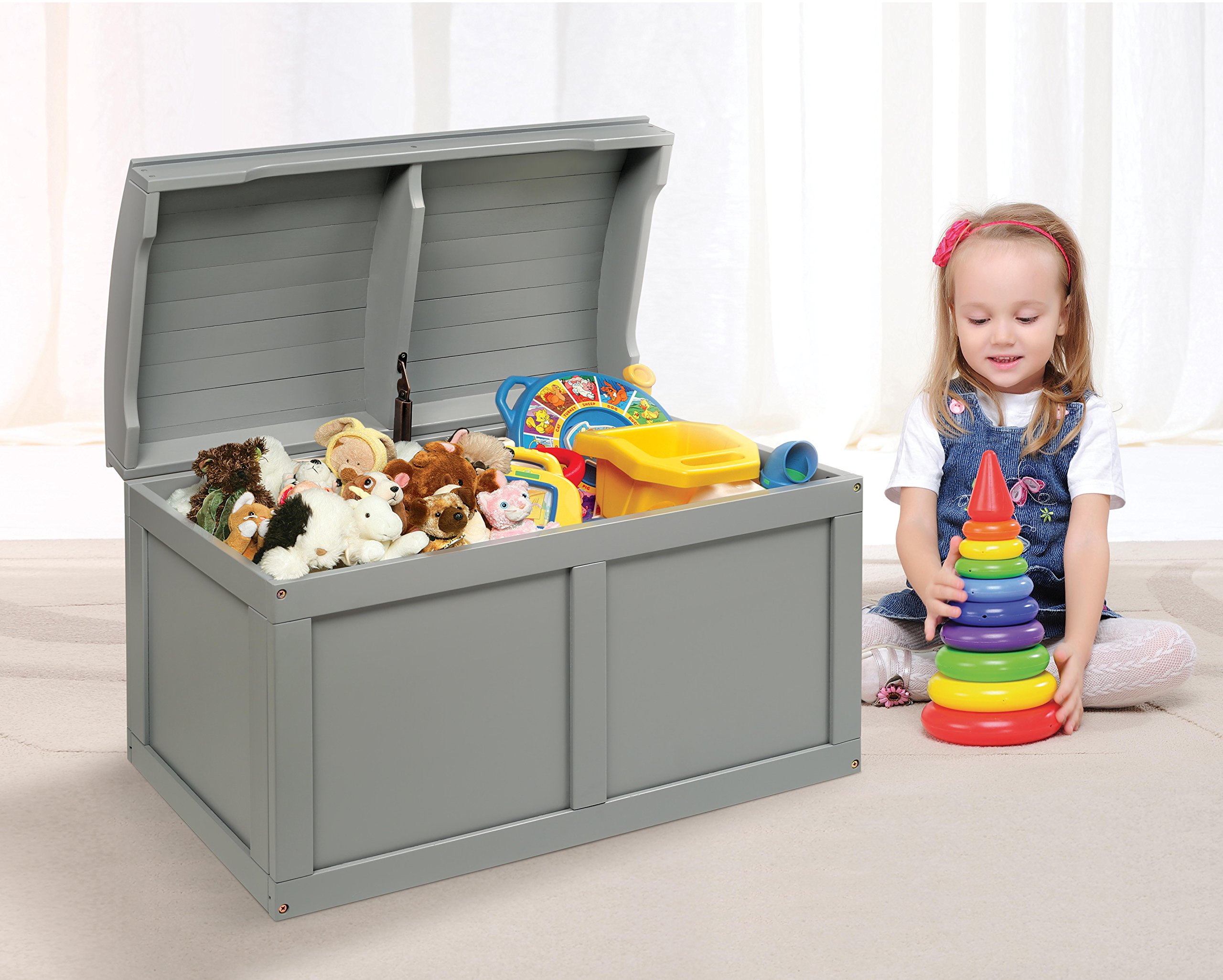 Badger Basket Kids Hardwood Toy Storage Chest with Safety Hinge - Gray Barrel Top Toy Box for Nursery, Playroom & Bedroom Organization