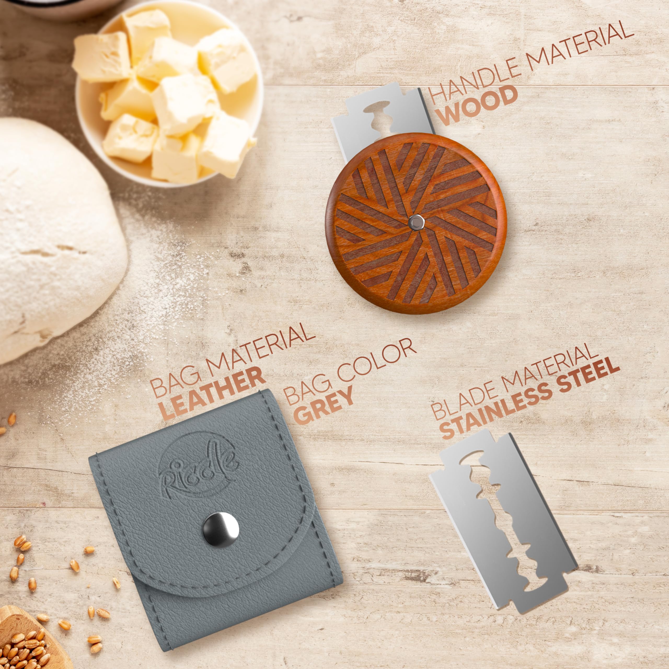 RICCLE UFO Wooden Bread Lame Slashing Tool - Professional Dough Scoring Knife with 15 Razor Blades & Storage Cover (Rose Wood) - Perfect for Artisan Bread Baking, Sourdough Scoring, and Pastry Making