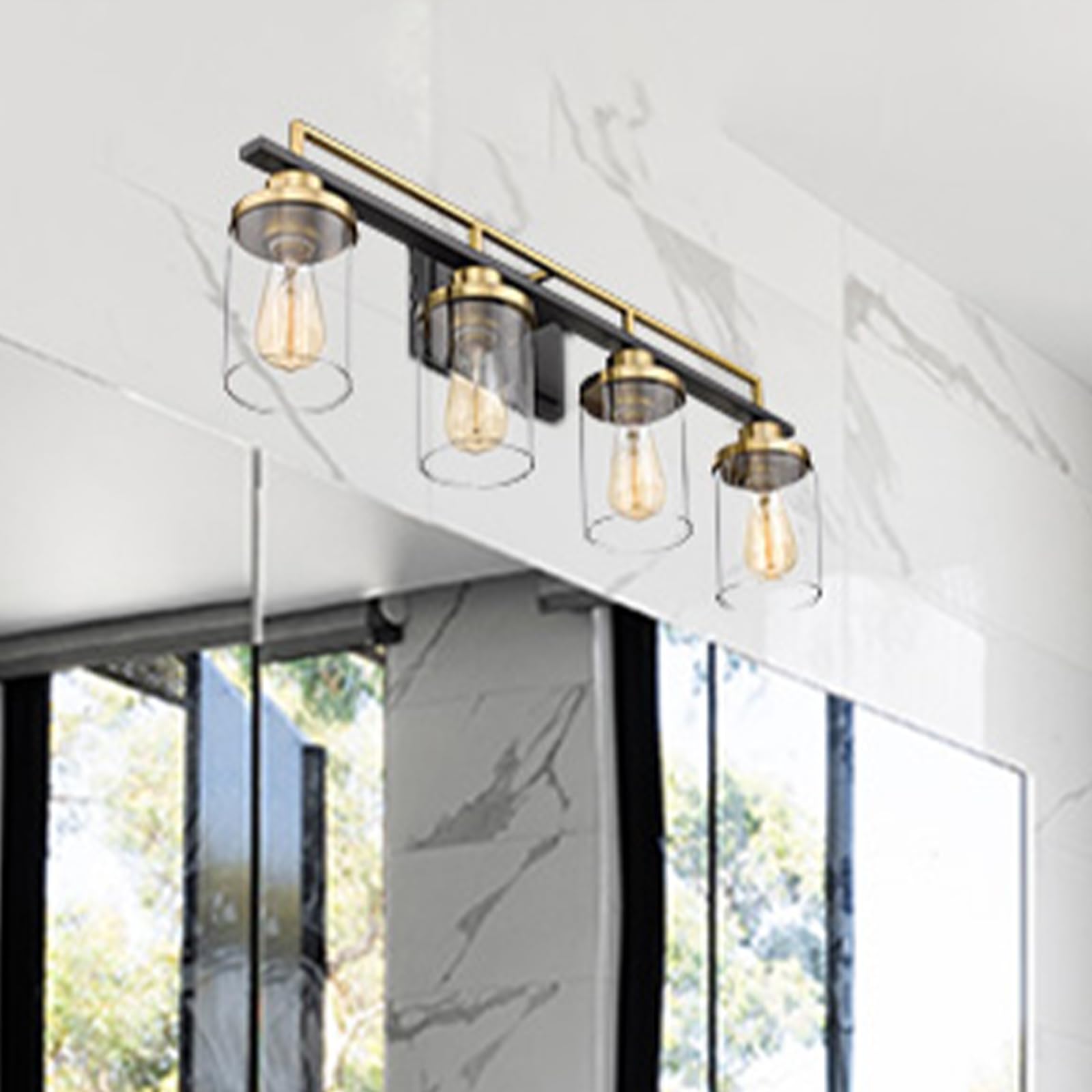 Emliviar Modern Bathroom Vanity Light - 4-Light Wall Sconce with Black & Gold Finish, Clear Glass Shade for Bathroom Lighting (YCE238B-4W BK+BG) - Perfect for Master Bath, Powder Room & Spa-Style Decor