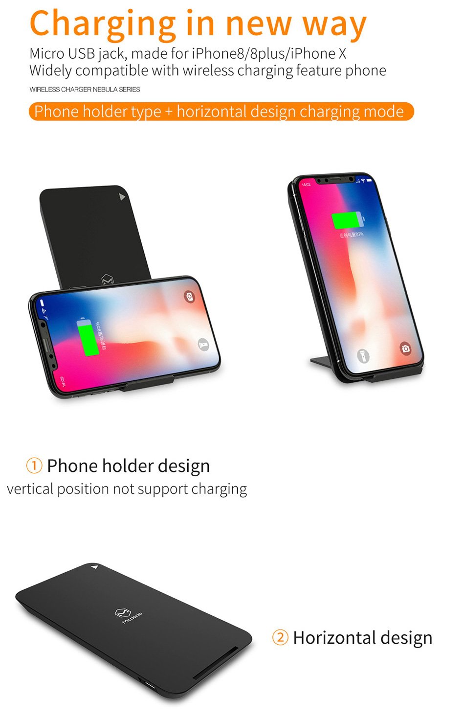 Mcdodo 10W Fast Wireless Charger Stand/Pad - Compatible with iPhone X, 8/8 Plus, Samsung Galaxy S8/S8+/S7/S7 Edge/S6 Edge+, Nexus 5/6/7 & Qi-Enabled Devices | LED Indicator | Fast Charging | Perfect for Home, Office & Nightstand Use (Black)