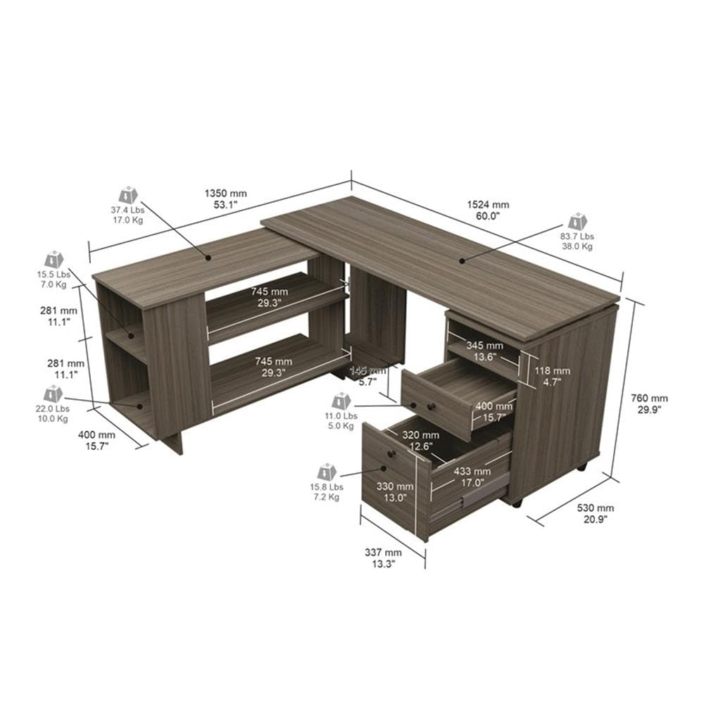 Inval America L-Shaped Reversible Computer Desk - Engineered Wood Home Office Desk in Gray | Space-Saving Corner Desk for Small Office, Gaming & Study Room