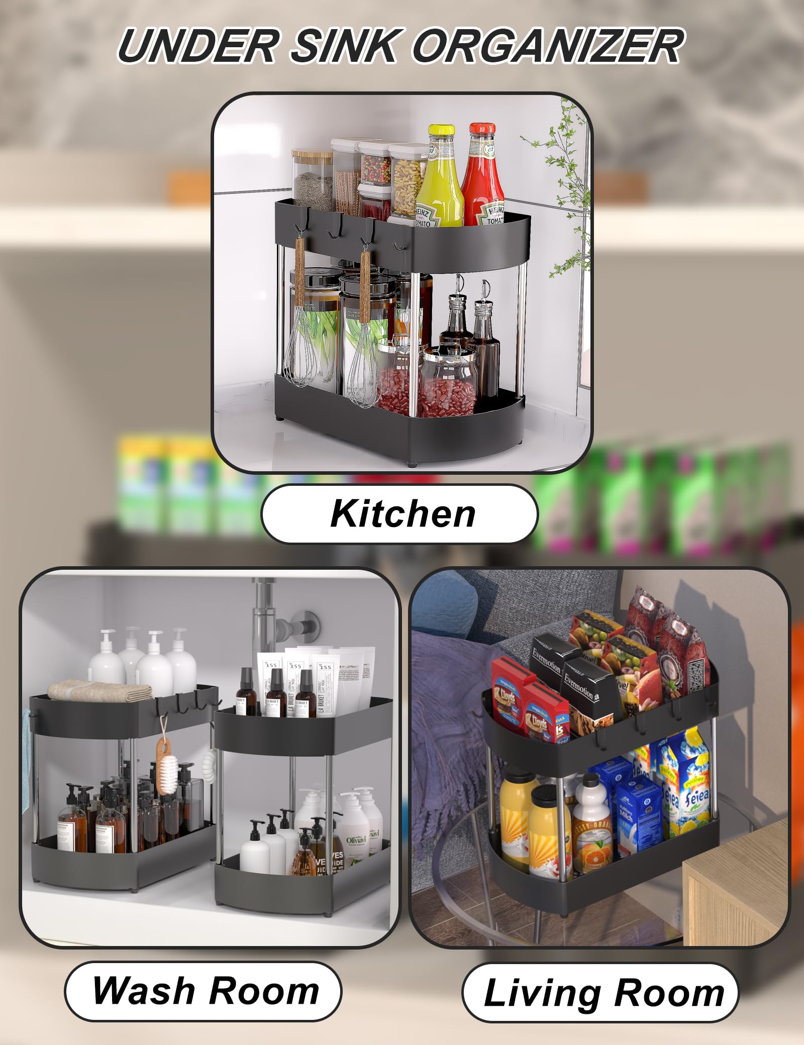 2 Pack Under Sink Organizers - Heavy Duty Kitchen & Bathroom Cabinet Storage Shelf with Enhanced Anti-Corrosion Design, Space Saving Black Organizer for Cleaning Supplies, Pots & Pans (Perfect for Small Spaces Under Sink)
