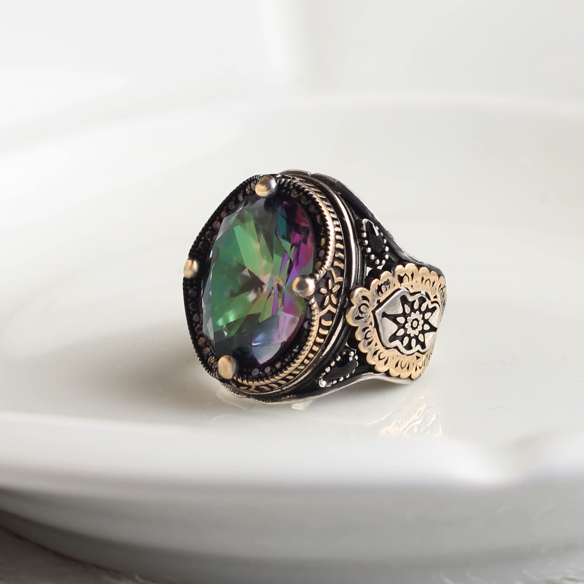 925 Sterling Silver Men's Ring with Mystic Topaz Gemstone - Handmade Turkish Silver Jewelry for Men - Valentine's Day, Anniversary & Birthday Gifts for Him - Perfect for Weddings, Engagements & Special Occasions