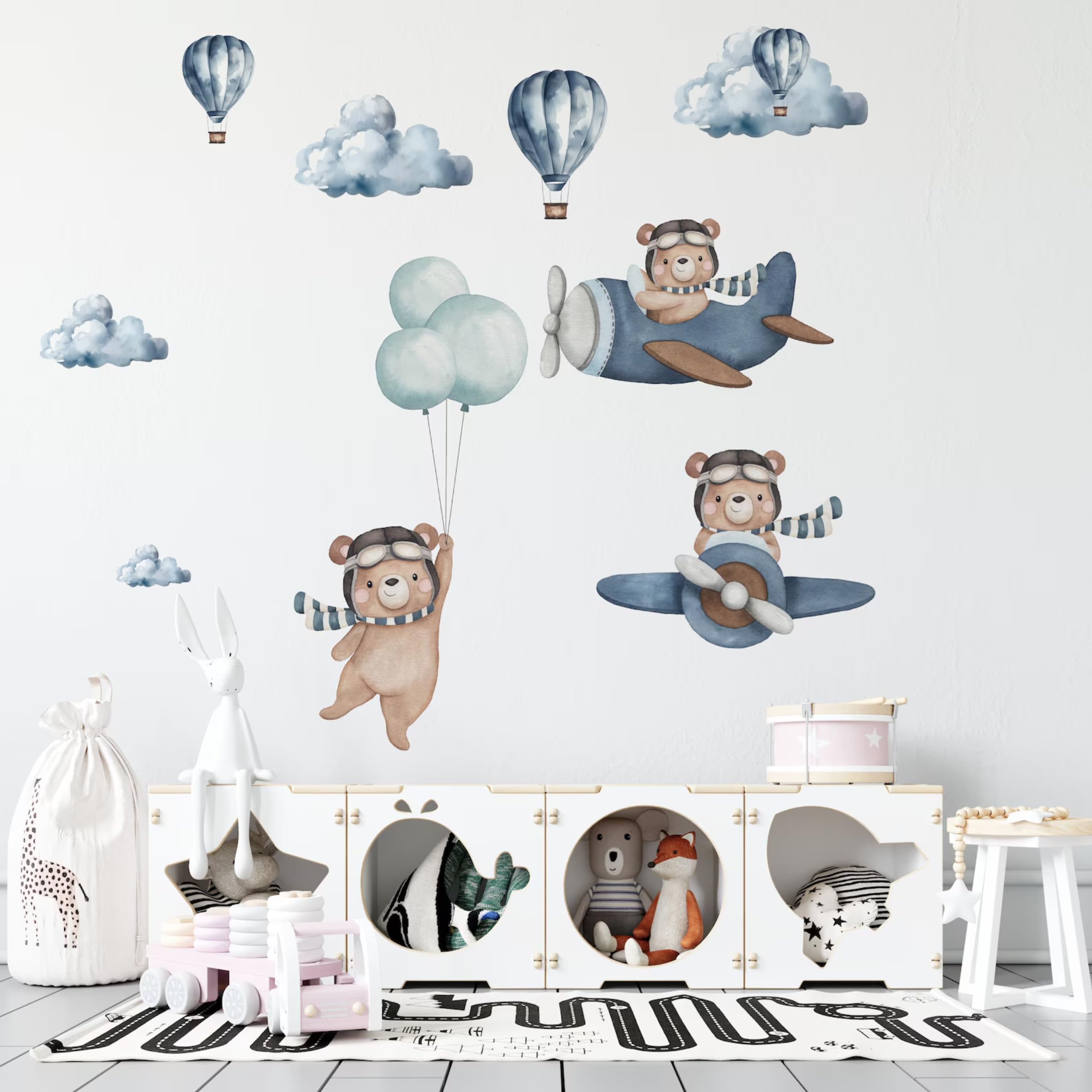 Large Bear & Airplanes Wall Stickers for Kids Room Decor - Removable Nursery Wall Decals with Hot Air Balloon Design - Playroom & Bedroom Wall Art for Boys & Girls - Perfect for Baby Rooms, Toddler Play Areas & Kids Bedroom Decor