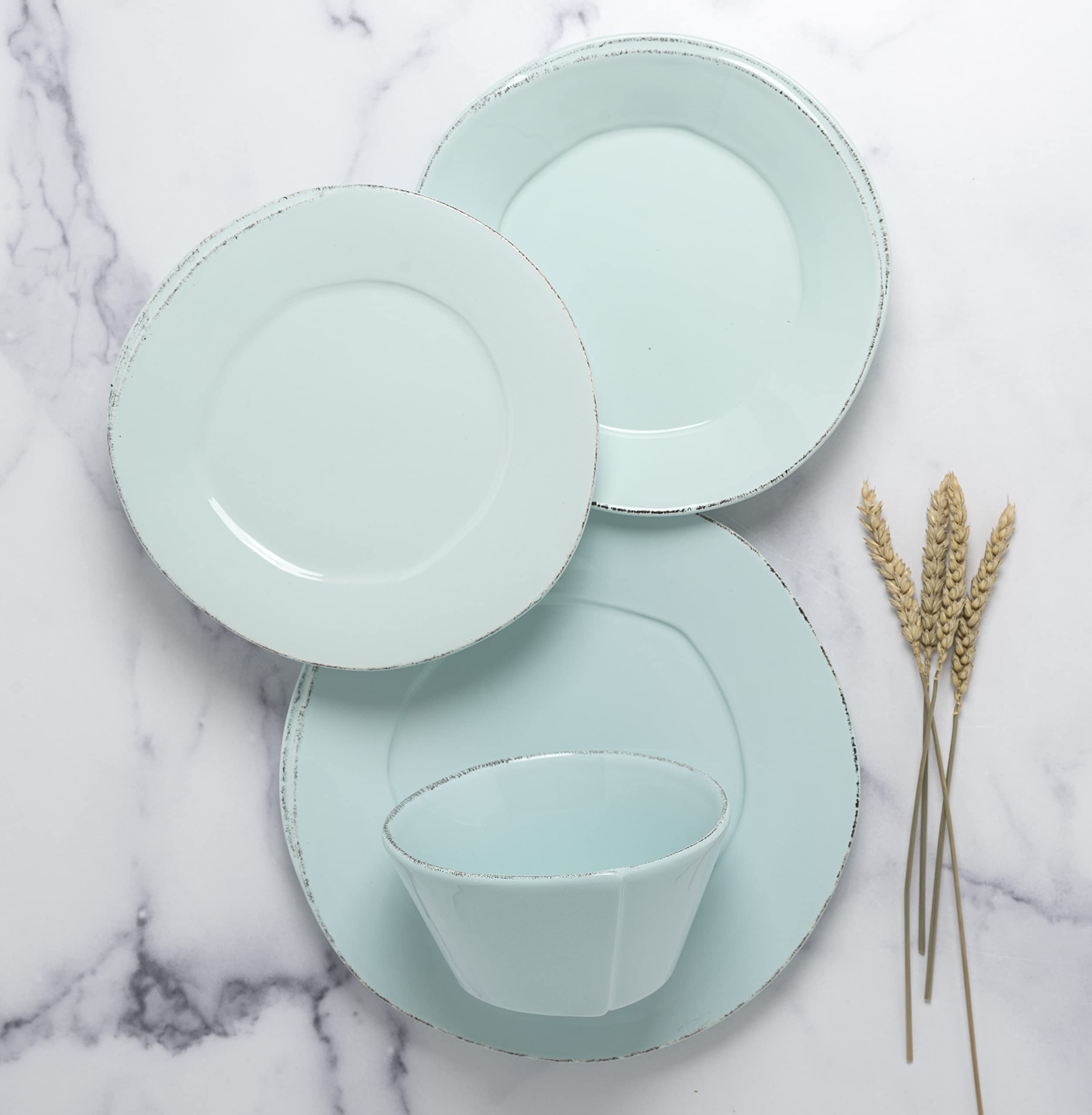 Vietri Aqua 4-Piece Dinnerware Set - Blue Stoneware Plates & Bowls, Microwave & Dishwasher Safe for Everyday Dining & Entertaining