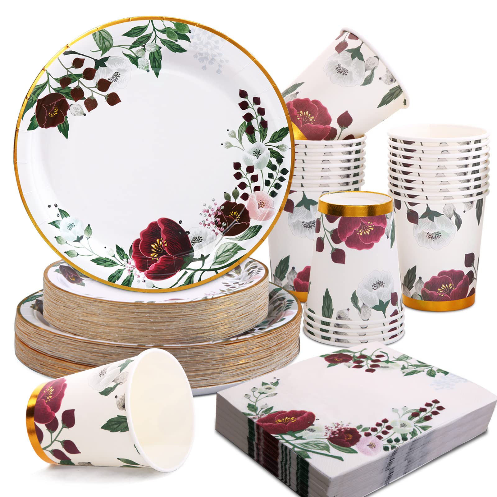 200Pcs Burgundy Floral Paper Plates & Napkins Set - Elegant Wedding, Bridal Shower & Party Supplies for 50 Guests - Perfect for Birthday, Valentine's Day, Easter & Spring Celebrations - Ideal for Indoor/Outdoor Events, Baby Showers & Anniversary Parties