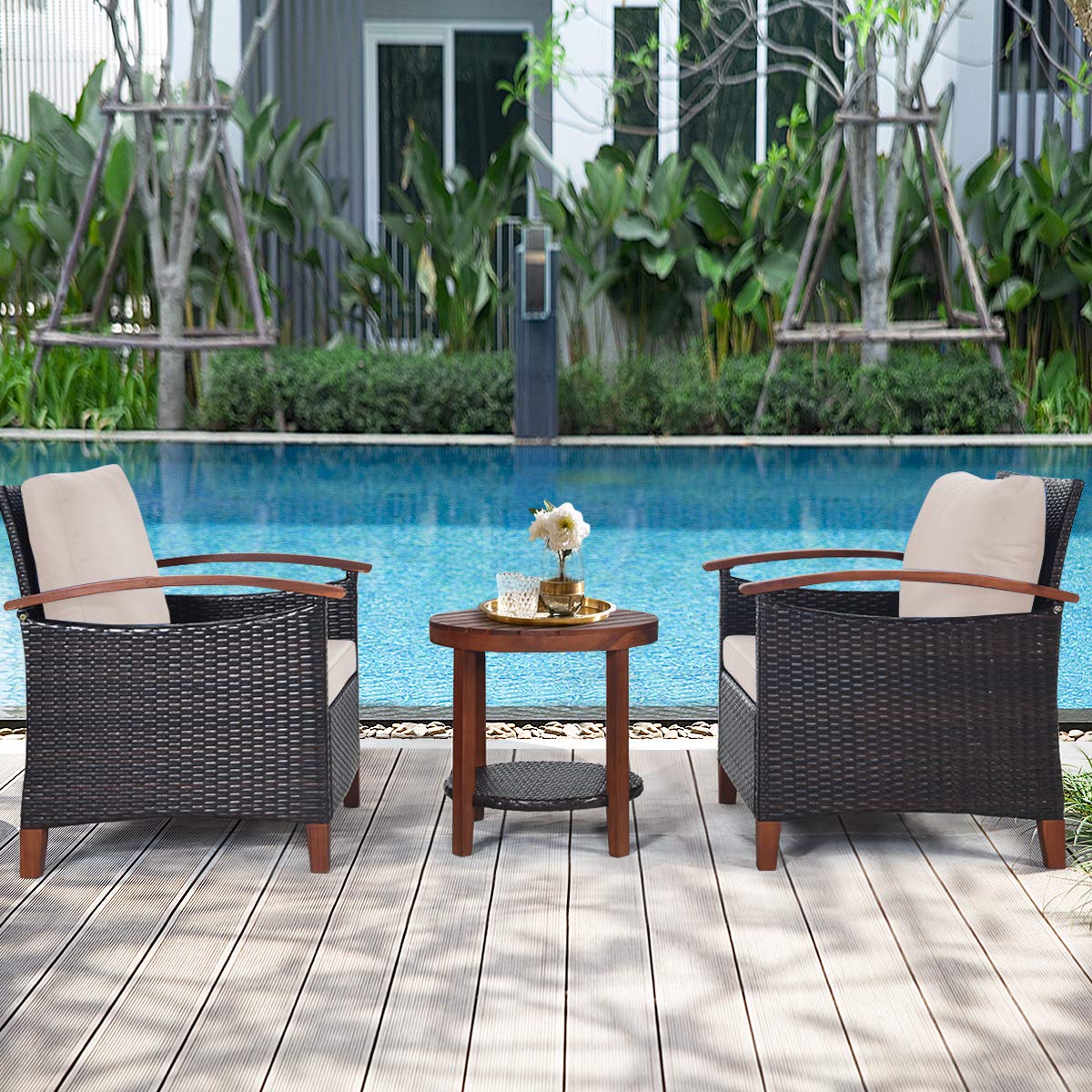 RELAX4LIFE 3-Piece Outdoor Patio Furniture Set - 2 Wicker Chairs with Acacia Wood Table & Removable Cushions, Rattan Sofa Set for Garden, Porch, Balcony (Beige) - Perfect for Relaxing, Entertaining, and Outdoor Dining