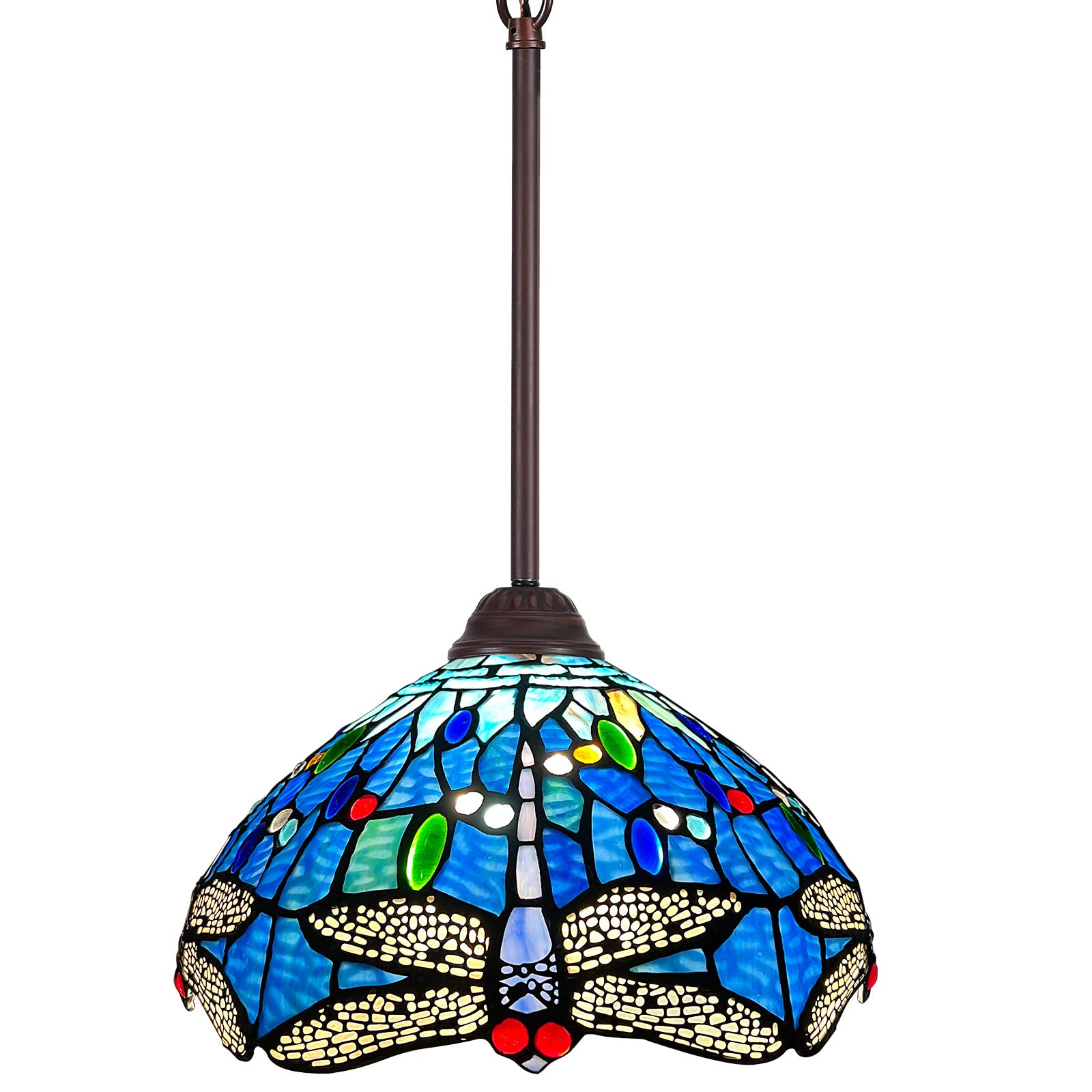 Capulina Tiffany Pendant Light - 12 Inch Wide Blue Dragonfly Stained Glass Hanging Lamp, Antique Style Home Decor for Kitchen Island, Dining Room, Hallway & Bedroom - Perfect for Vintage Interior Lighting & Cozy Ambiance